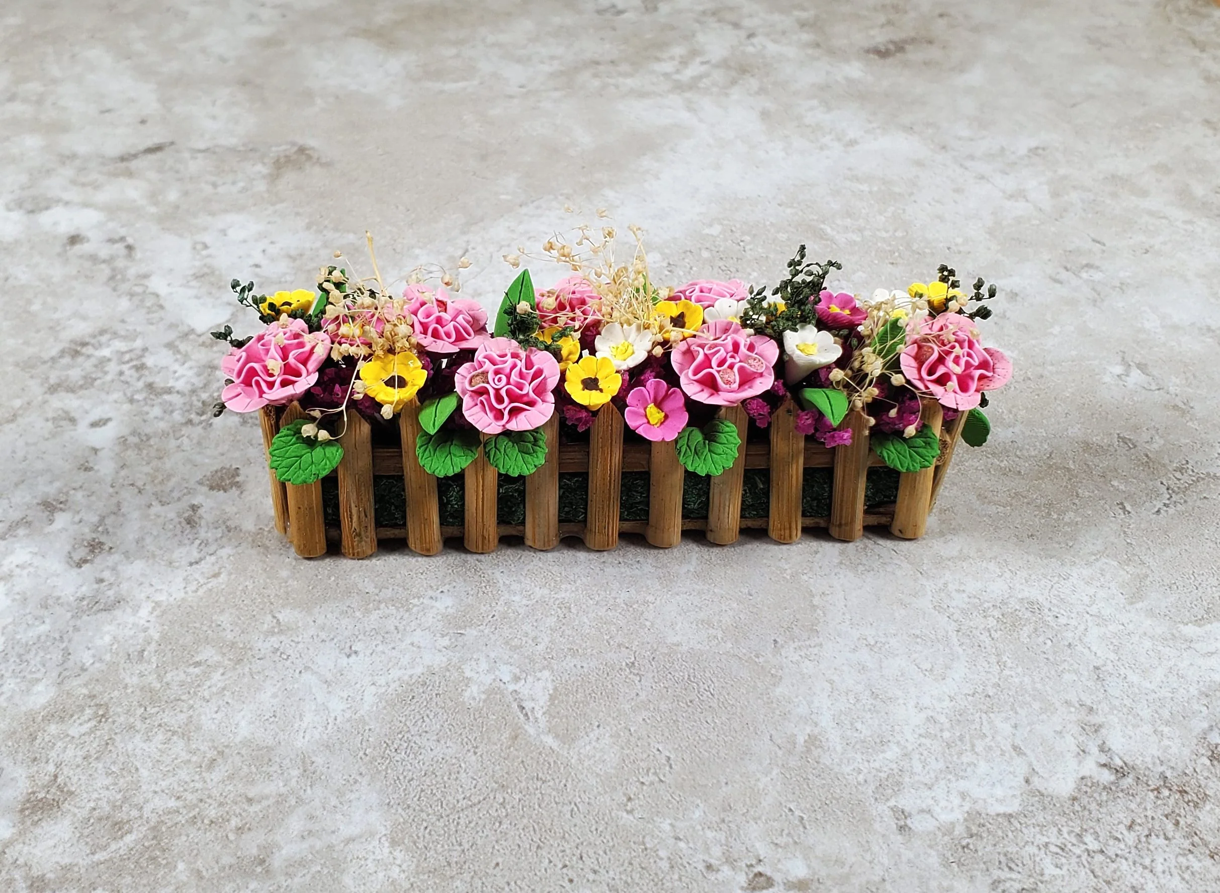 Dollhouse Pink Carnations in a 3.75" Wooden Picket Planter 1:12 Scale Miniature