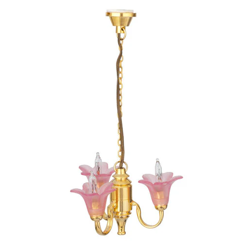 Dollhouse Pink Chandelier Flower Shade 3 Arm 12 Volt with Plug 1:12 Scale HW2736 - Image 2