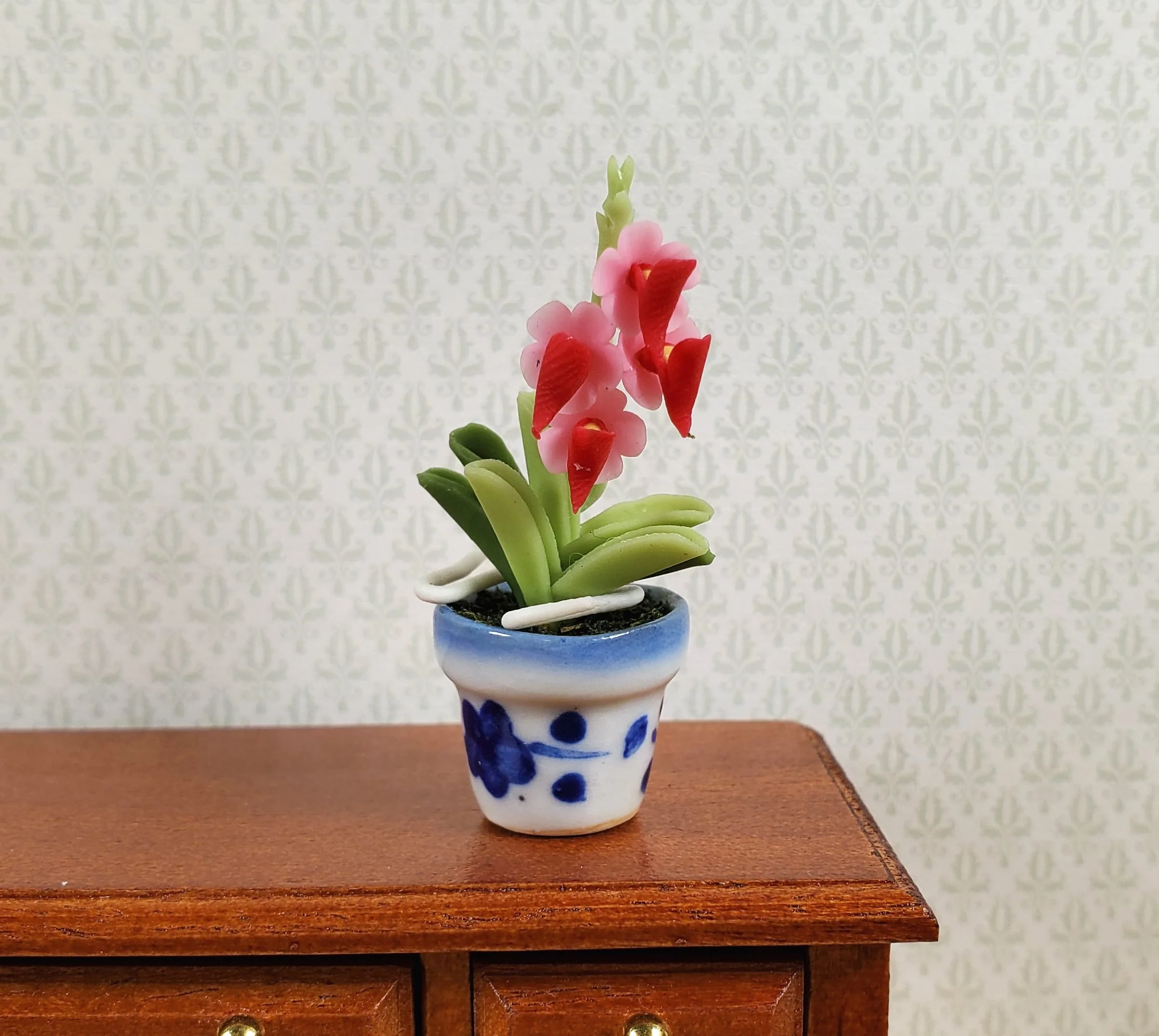 Dollhouse Pink Orchid Flowers in a Blue & White Ceramic Pot 1:12 Scale Miniature