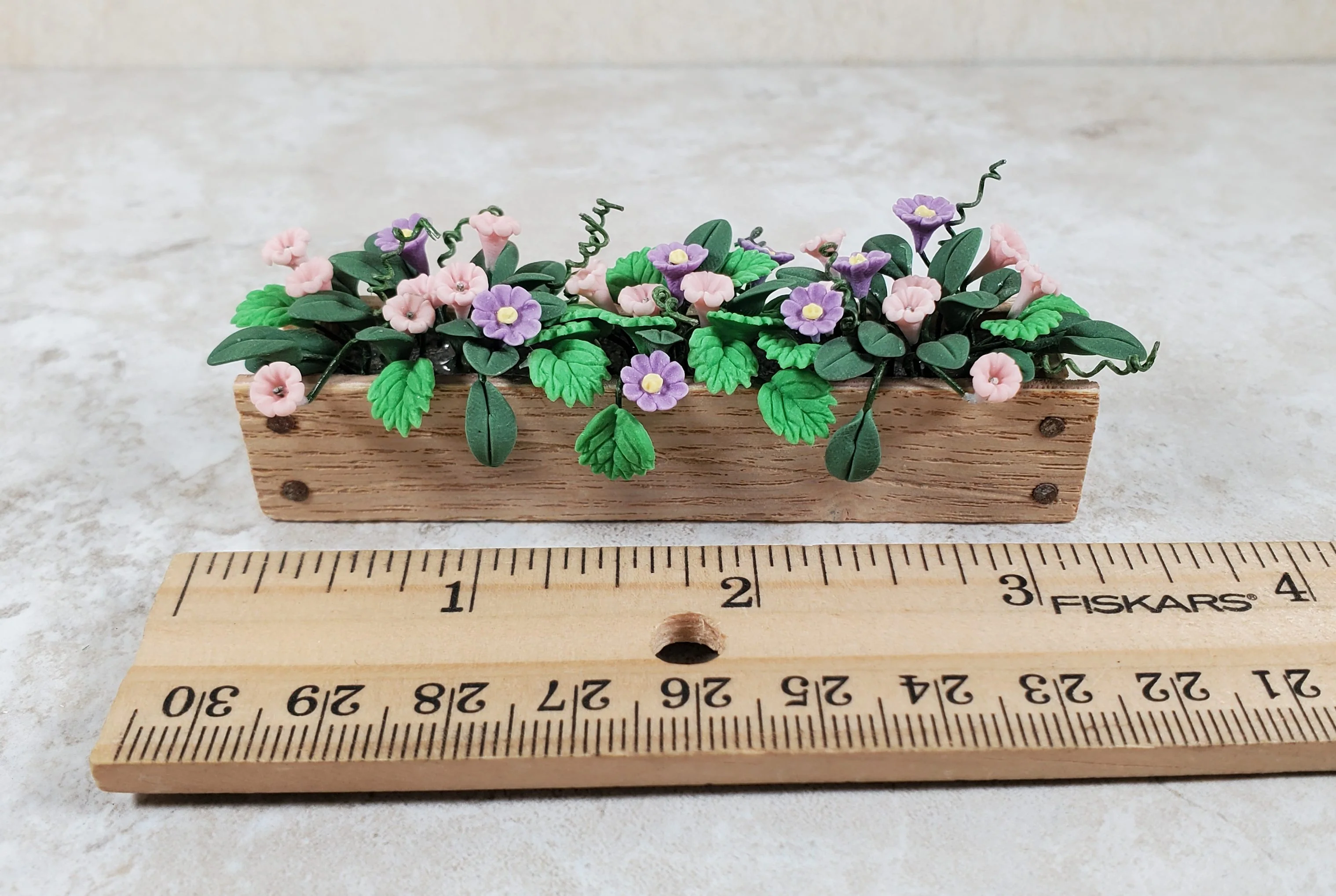 Dollhouse Pink & Purple Trumpet Flowers in a Wood Planter 1:12 Scale Miniature - Image 3