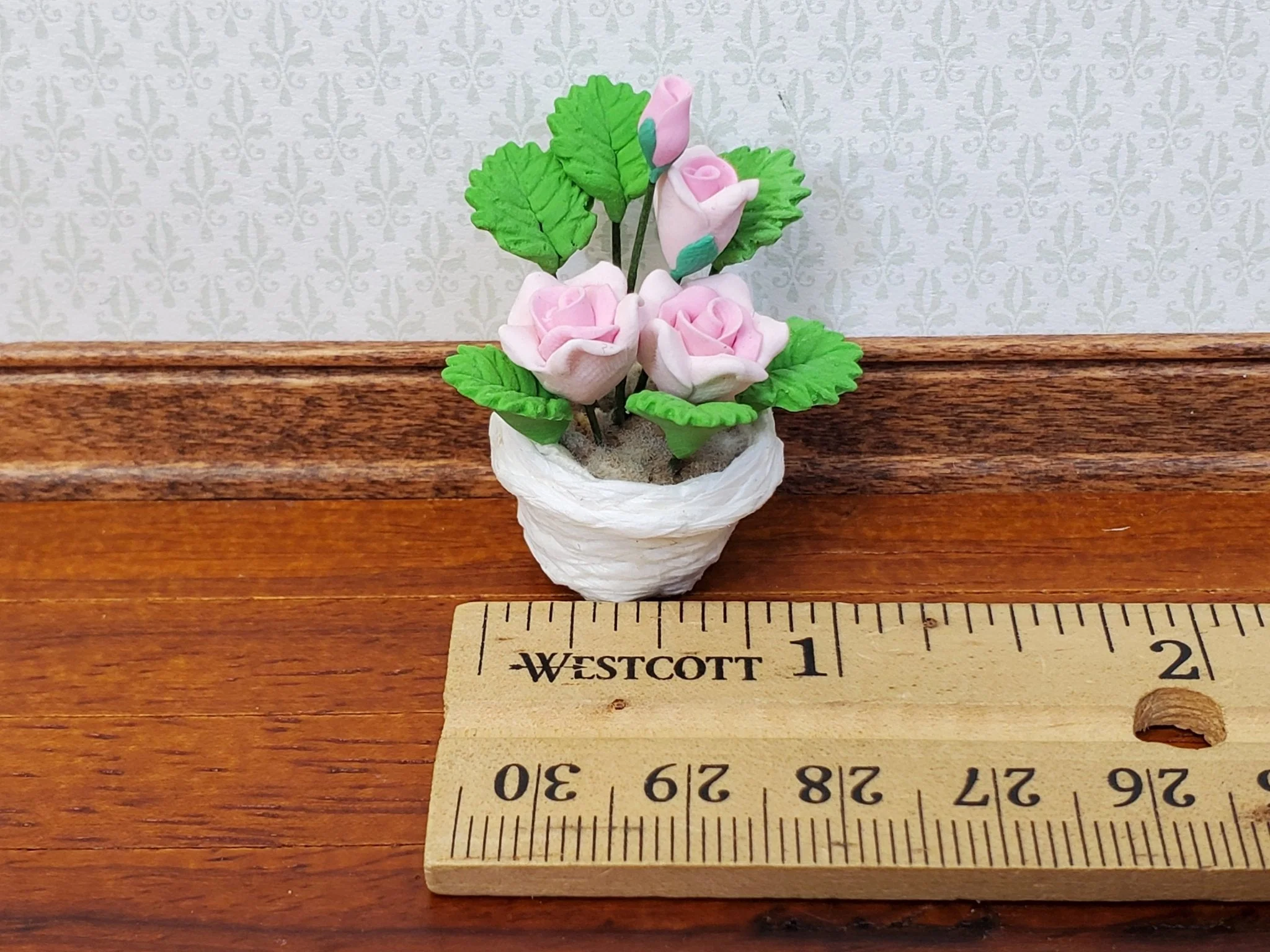 Dollhouse Pink Roses Flowers in a Basket 1:12 Scale Miniature Garden Plants - Image 4