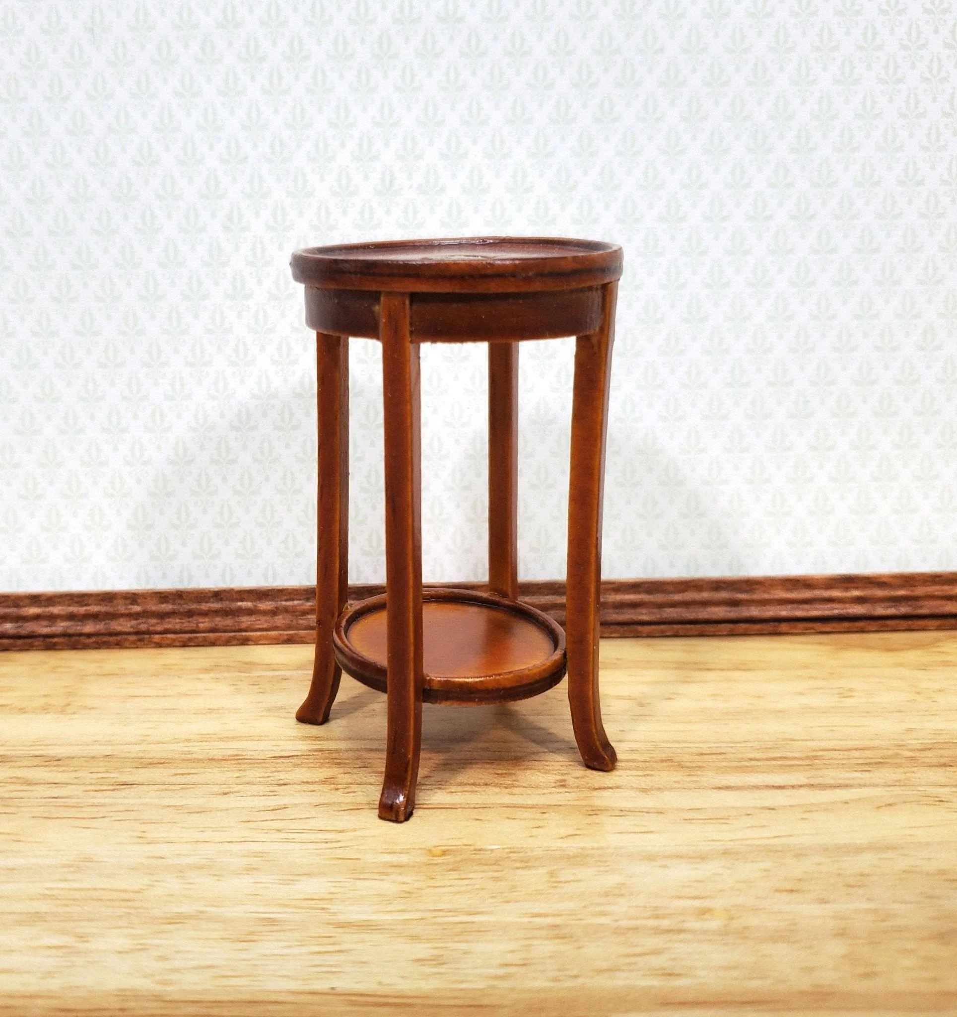 Dollhouse Plant Fern Stand Round Side Table Walnut Finish 1:12 Scale Furniture - Image 2