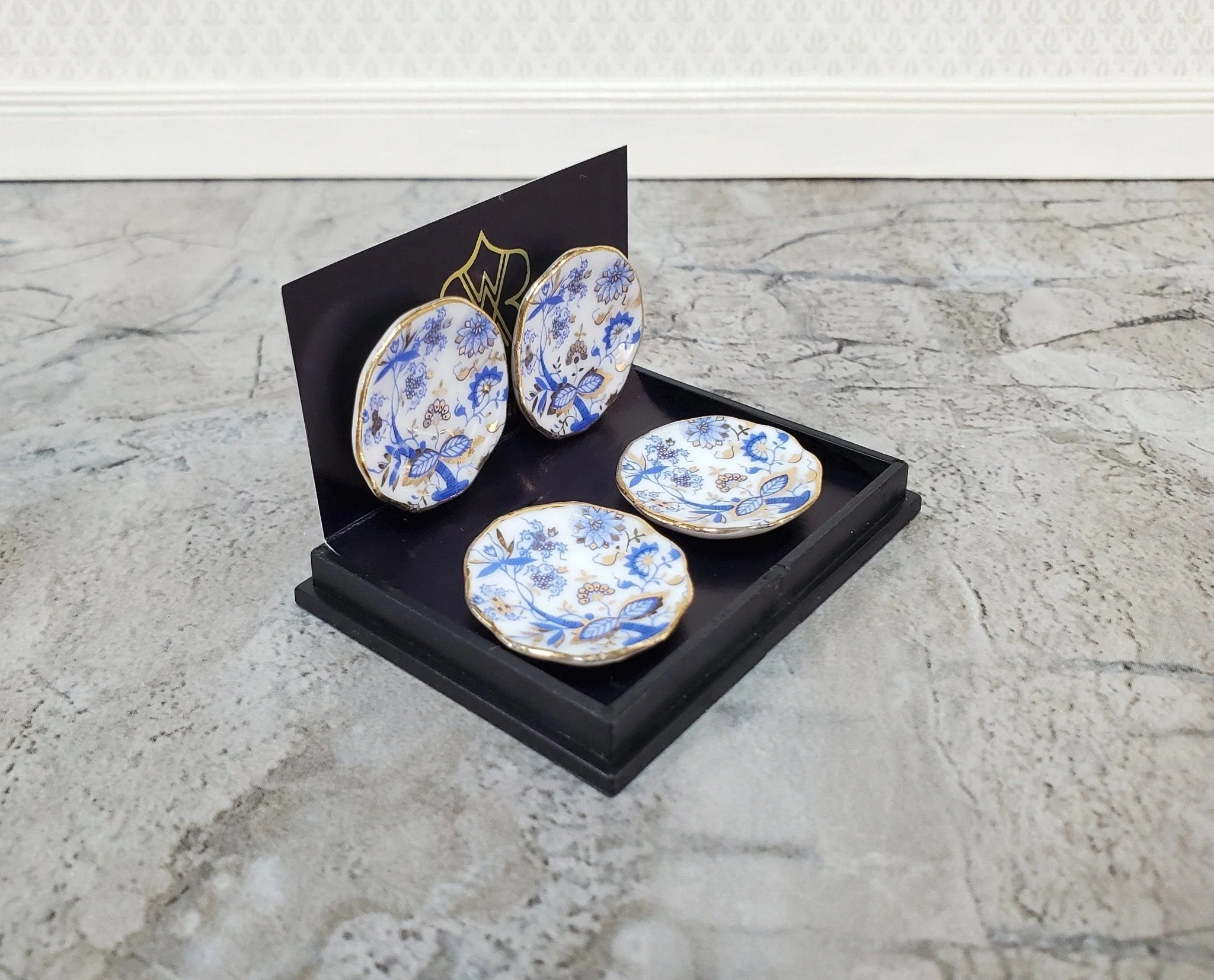Dollhouse Plates Blue White Gold Trim Set of 4 Reutter Porcelain 1:12 Scale Miniatures - Image 2