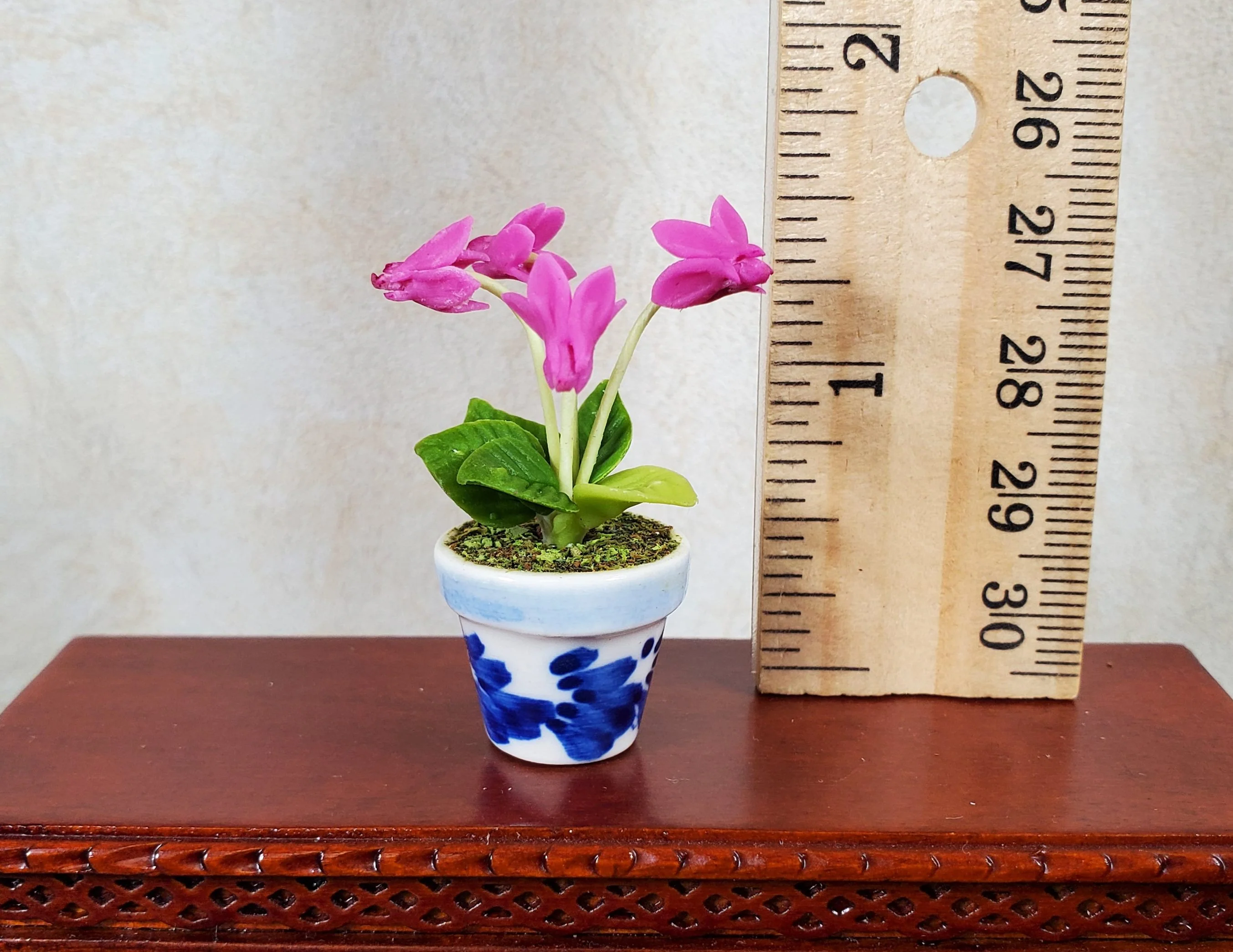 Dollhouse Potted Fuchsia Flowers 1:12 Scale Miniature Blue White Ceramic Pot - Image 3