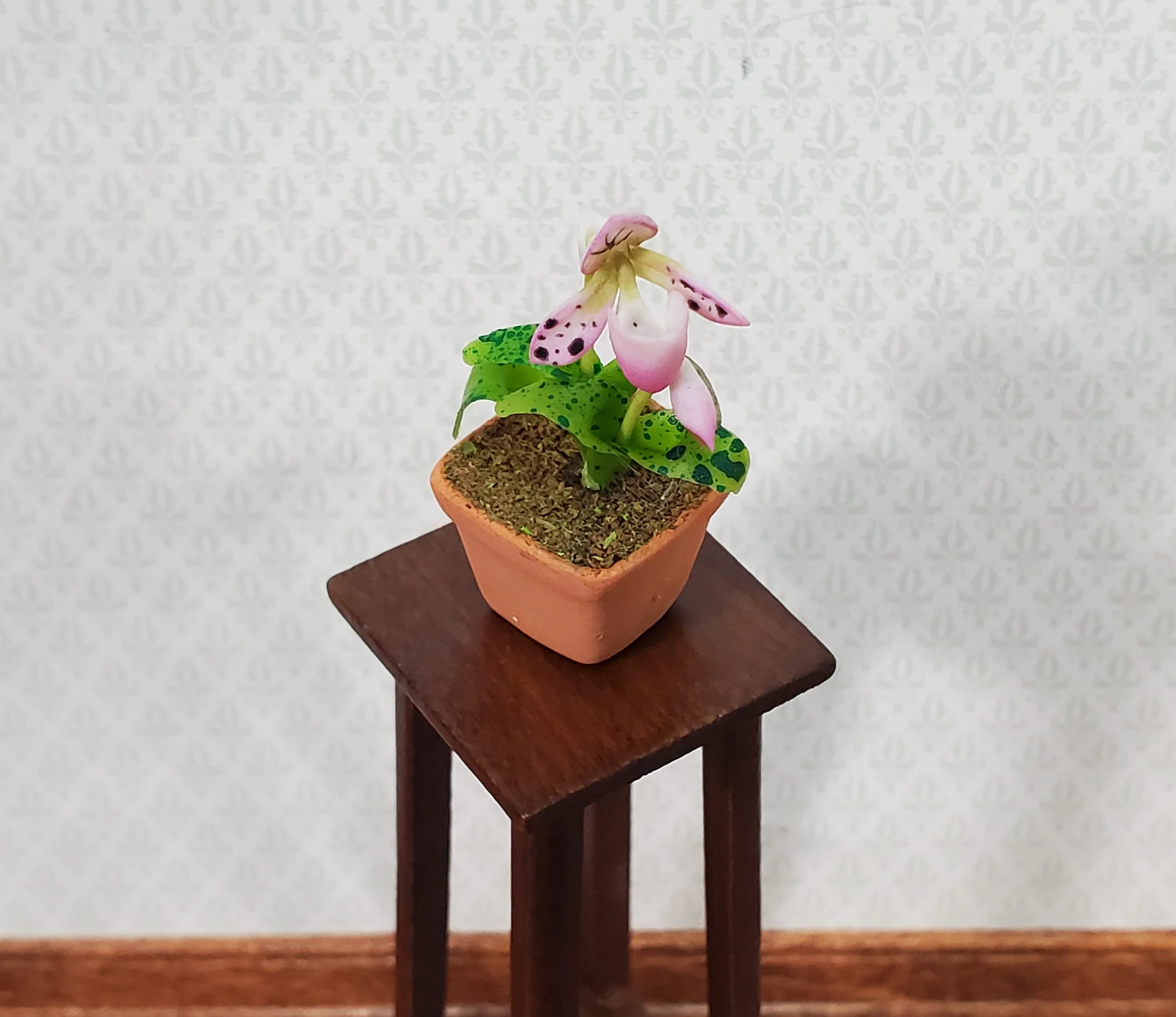 Dollhouse Potted Orchid Pink & White Flowering Plant 1:12 Scale Miniature - Image 3