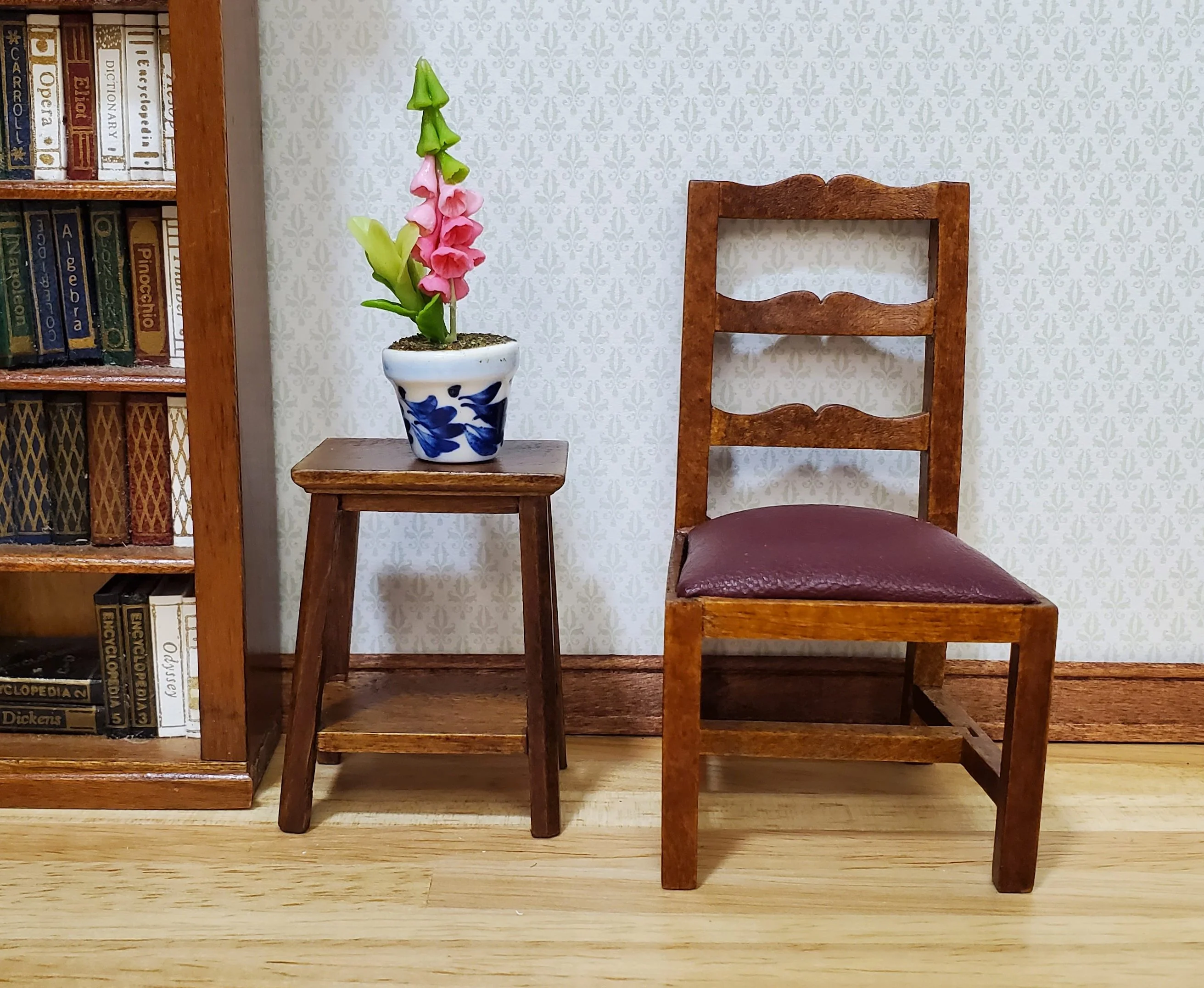 Dollhouse Potted Pink Bell Flowers 1:12 Scale Miniature Blue White Ceramic Pot - Image 2