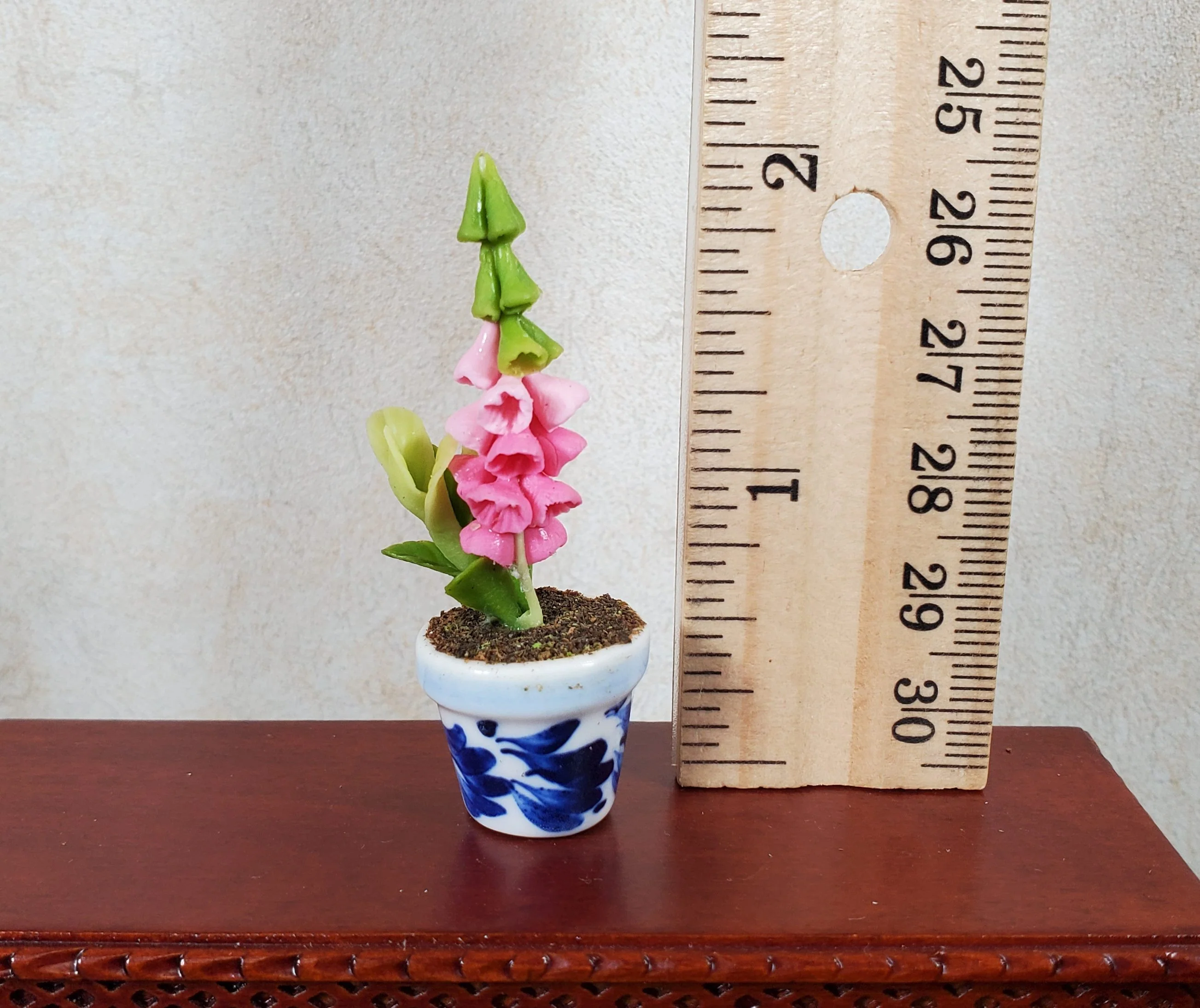Dollhouse Potted Pink Bell Flowers 1:12 Scale Miniature Blue White Ceramic Pot - Image 3