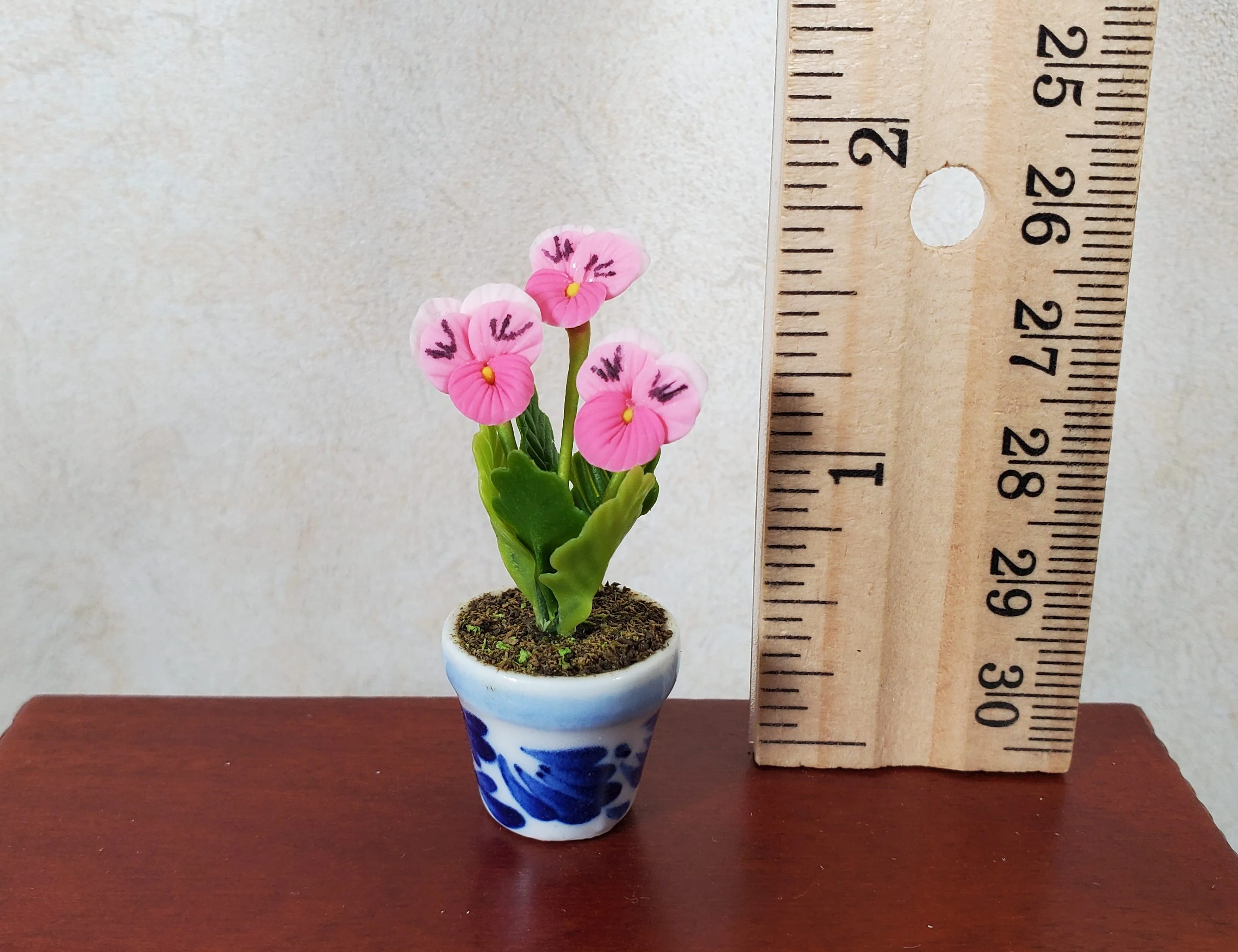 Dollhouse Potted Pink Pansies Flower 1:12 Scale Miniature Blue White Ceramic Pot - Image 3