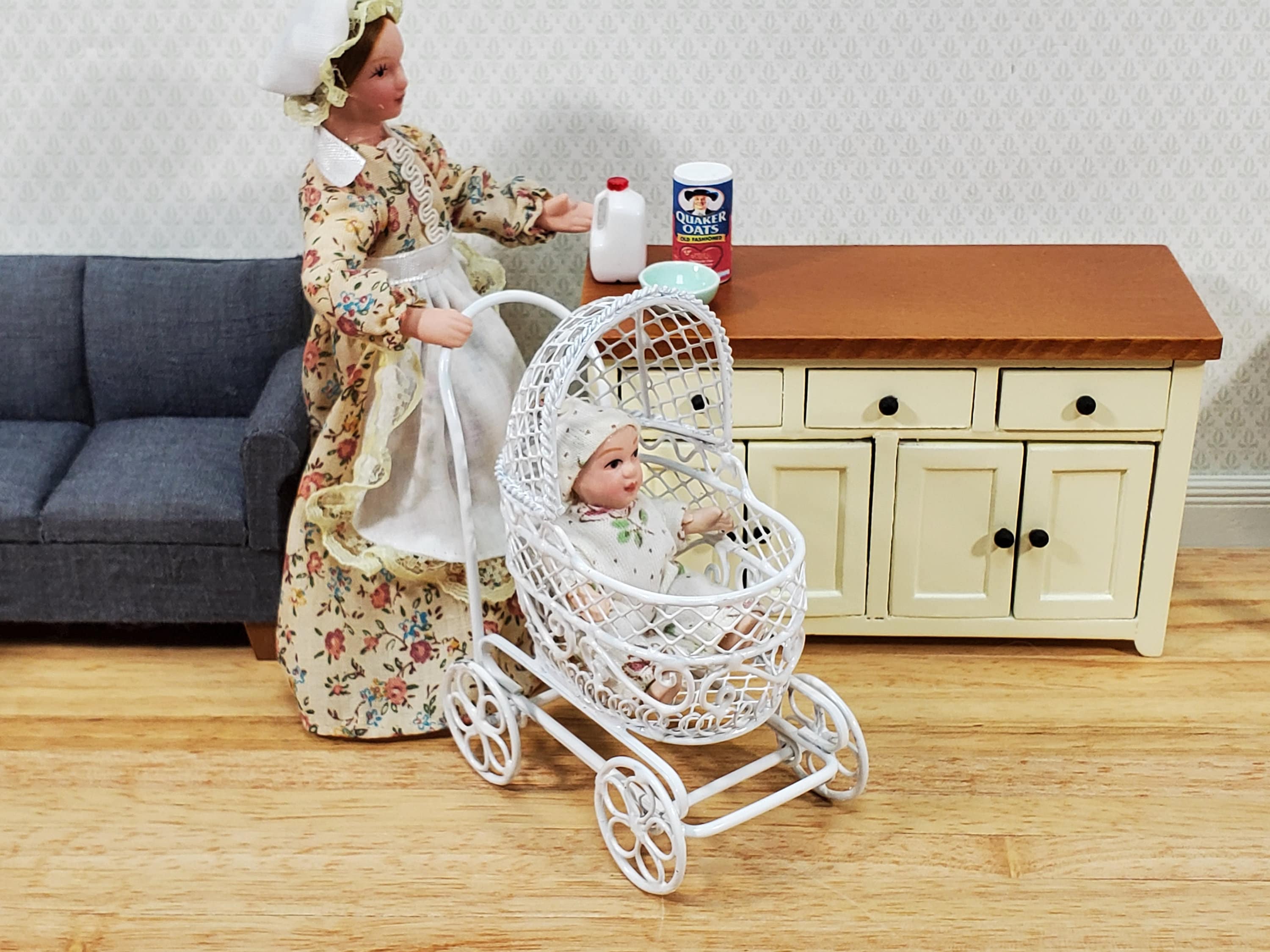 Dollhouse Pram Stroller Carriage White Metal Wire 1:12 Scale Nursery Miniature Furniture - Image 3