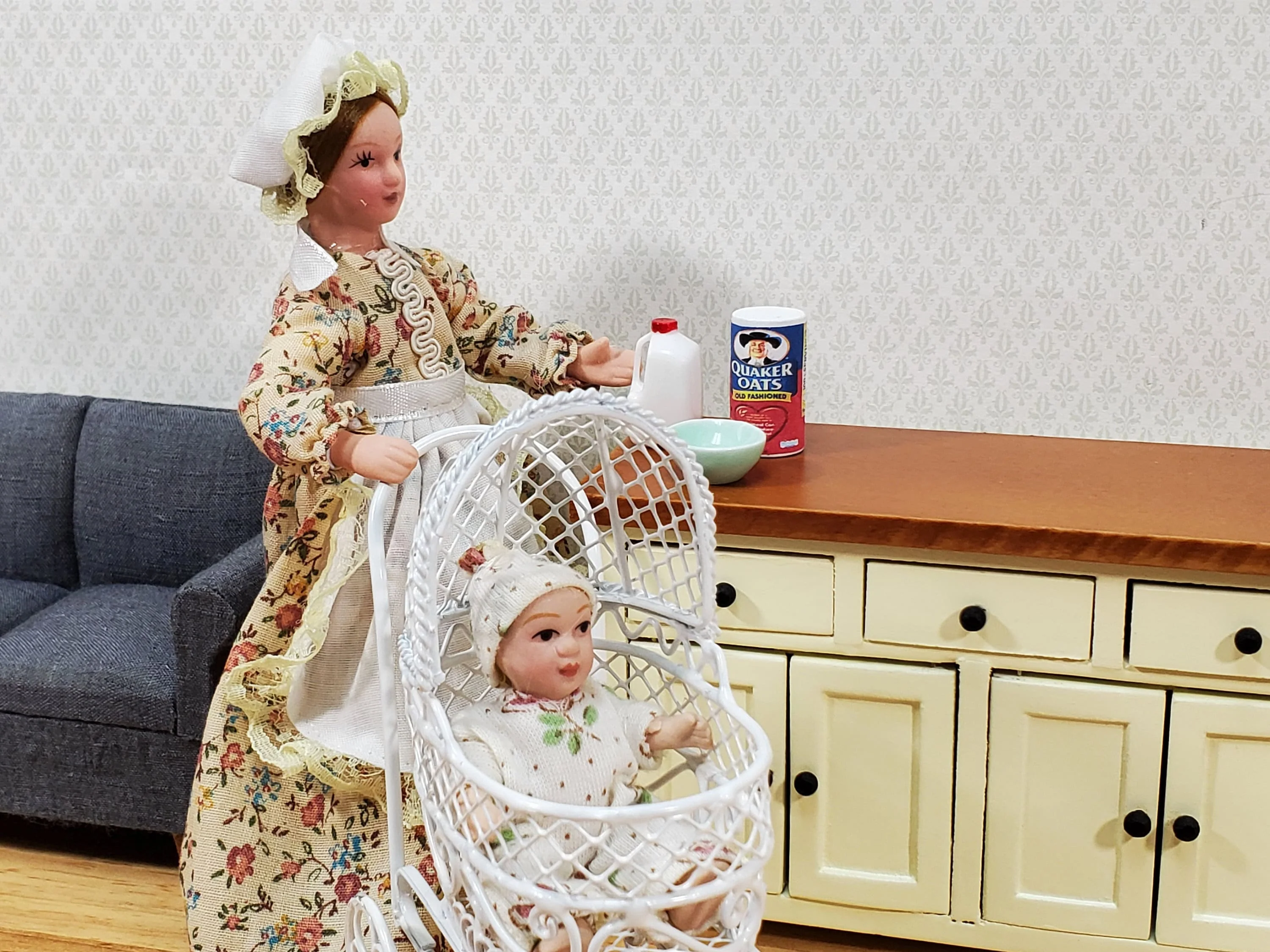 Dollhouse Pram Stroller Carriage White Metal Wire 1:12 Scale Nursery Miniature Furniture - Image 4