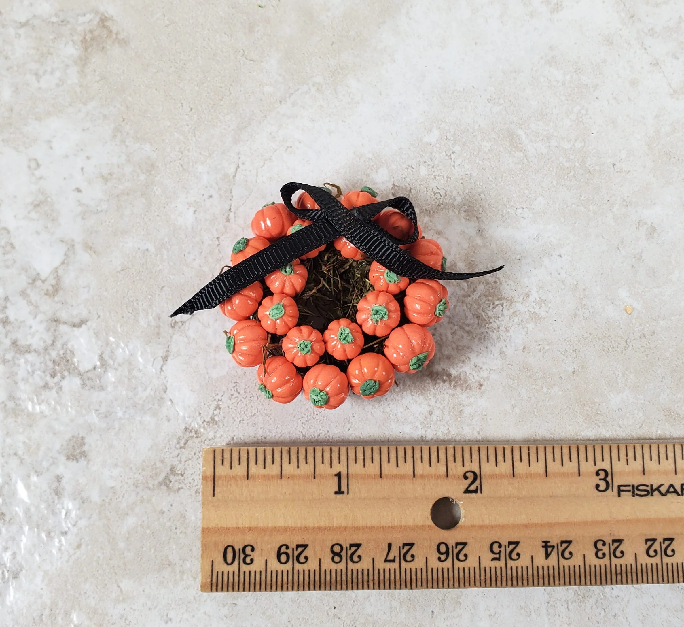 Dollhouse Pumpkin Wreath with Black Ribbon 1:12 Scale Miniature - Image 3