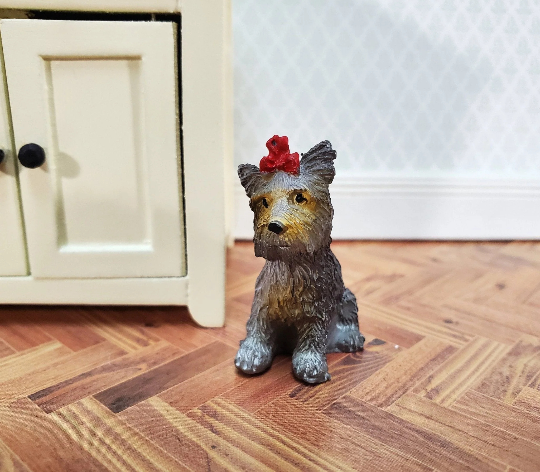 Dollhouse Puppy Dog Terrier with Red Bow Miniature Pet Cast Resin