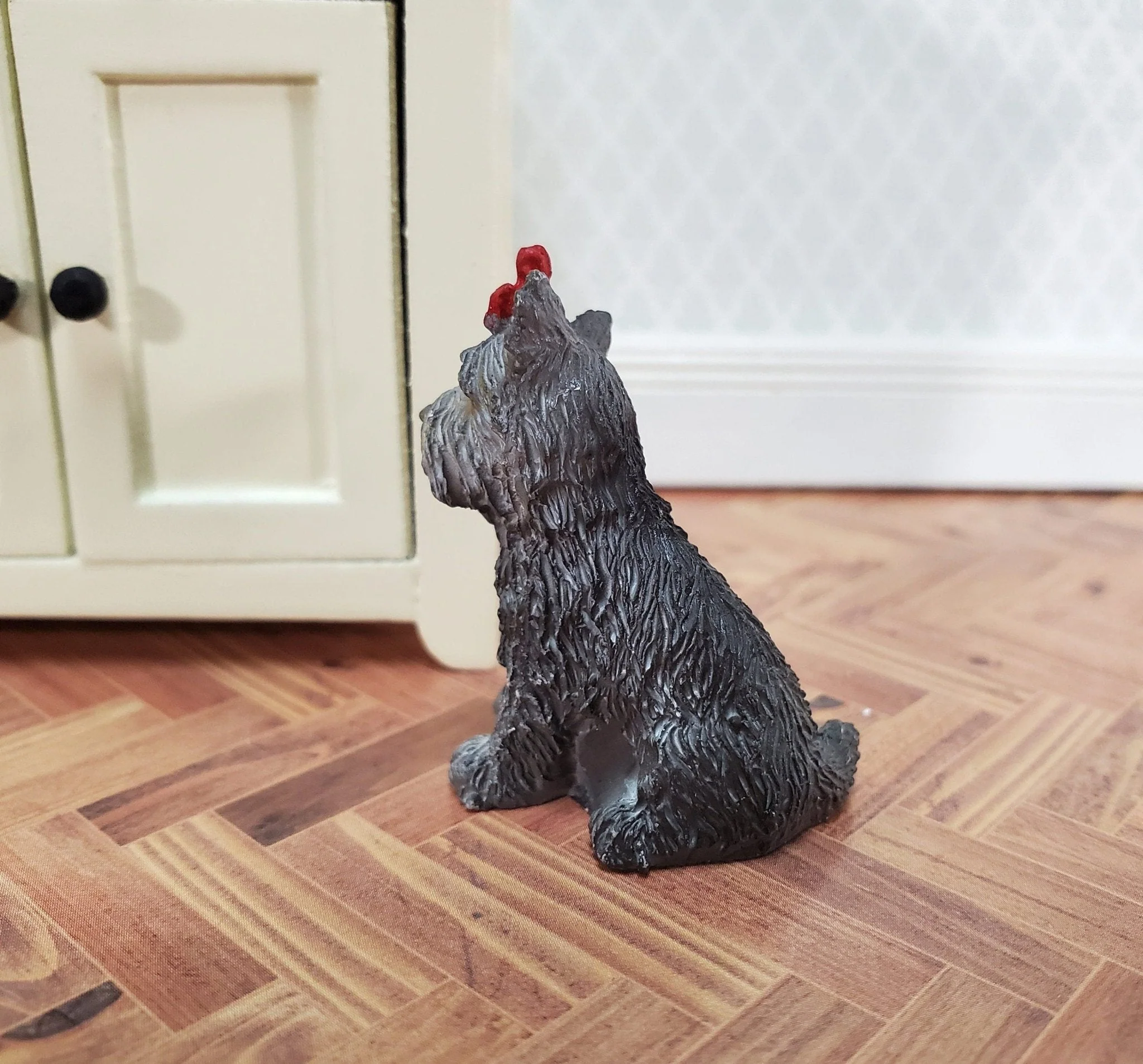 Dollhouse Puppy Dog Terrier with Red Bow Miniature Pet Cast Resin - Image 3