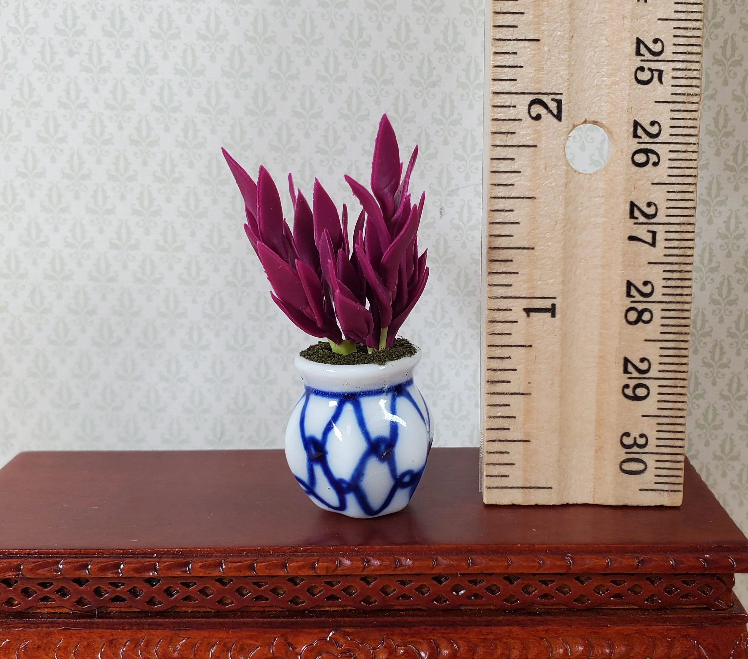 Dollhouse Purple Houseplant in Blue and White Ceramic Pot 1:12 Scale Miniature - Image 3