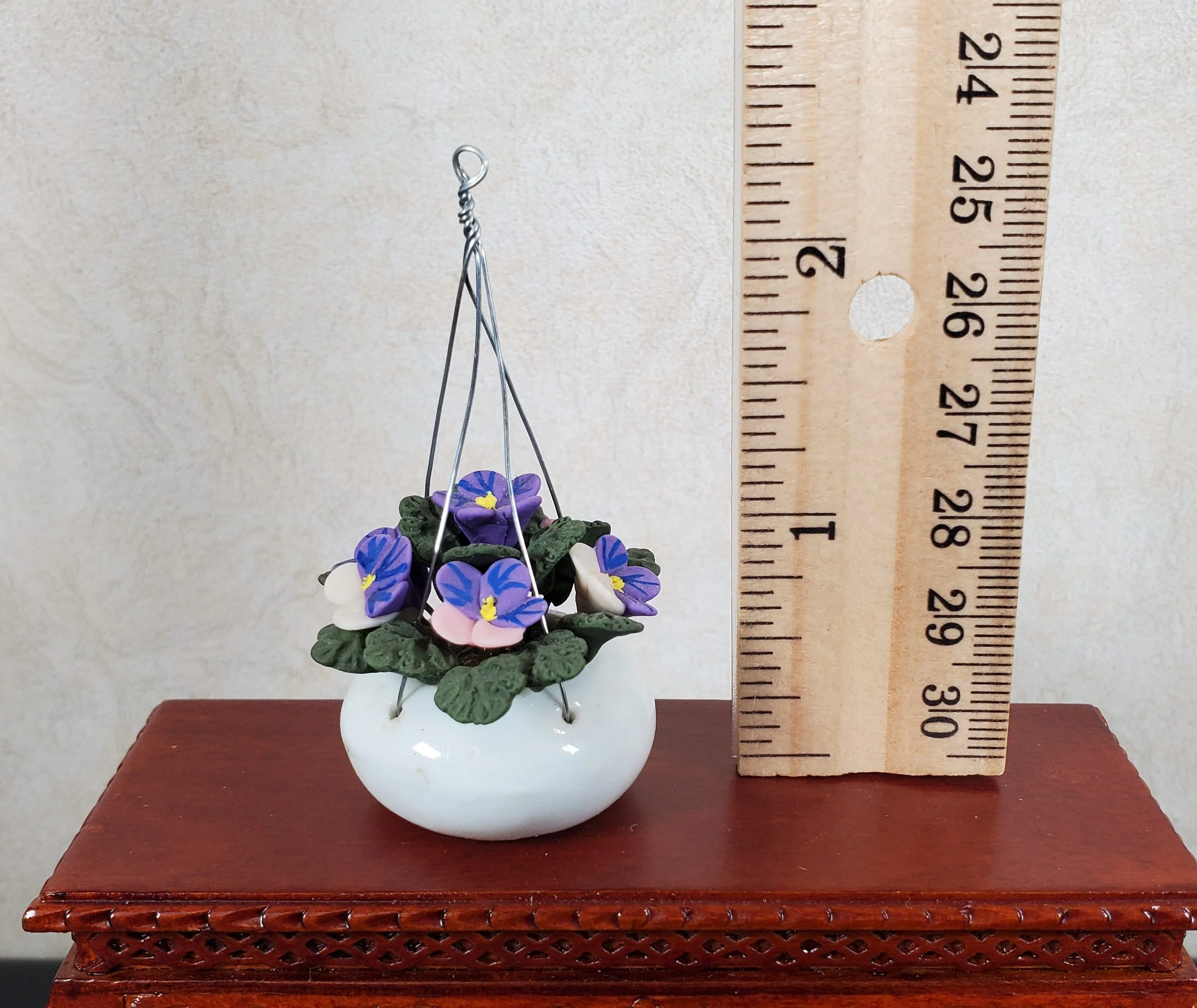 Dollhouse Purple Pansies in a Hanging White Planter 1:12 Scale Miniature Garden - Image 4