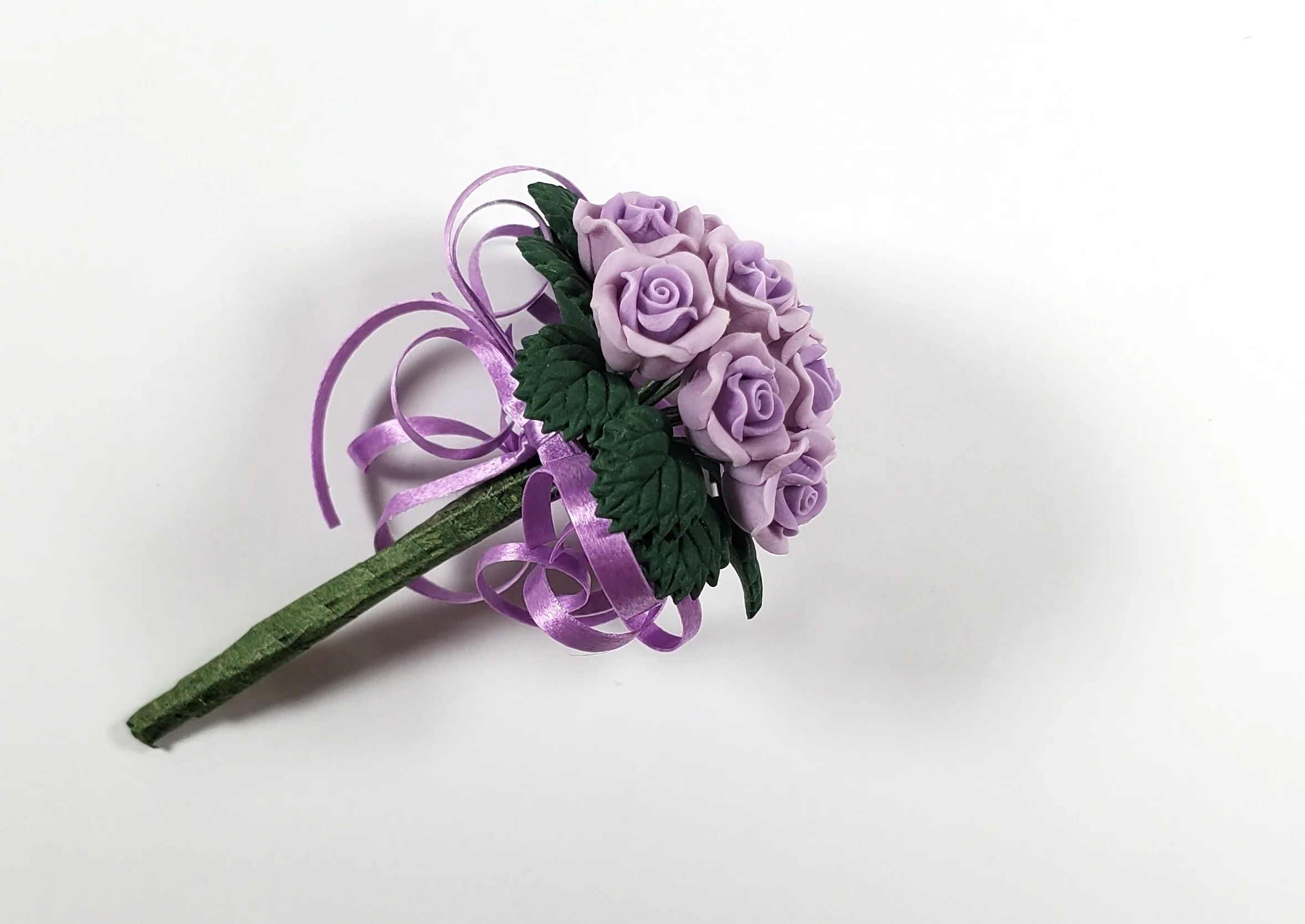 Dollhouse Purple Roses Bridal Bouquet with Purple Ribbons 1:12 Scale Miniature - Image 2