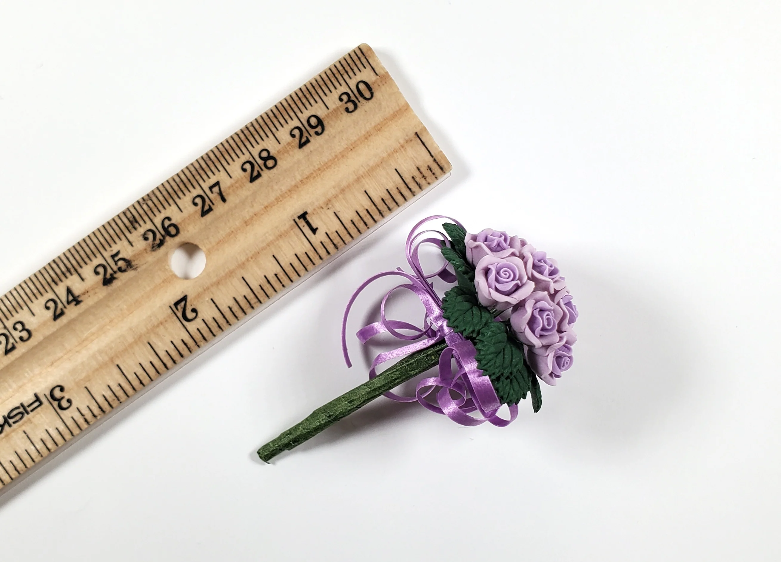 Dollhouse Purple Roses Bridal Bouquet with Purple Ribbons 1:12 Scale Miniature - Image 3