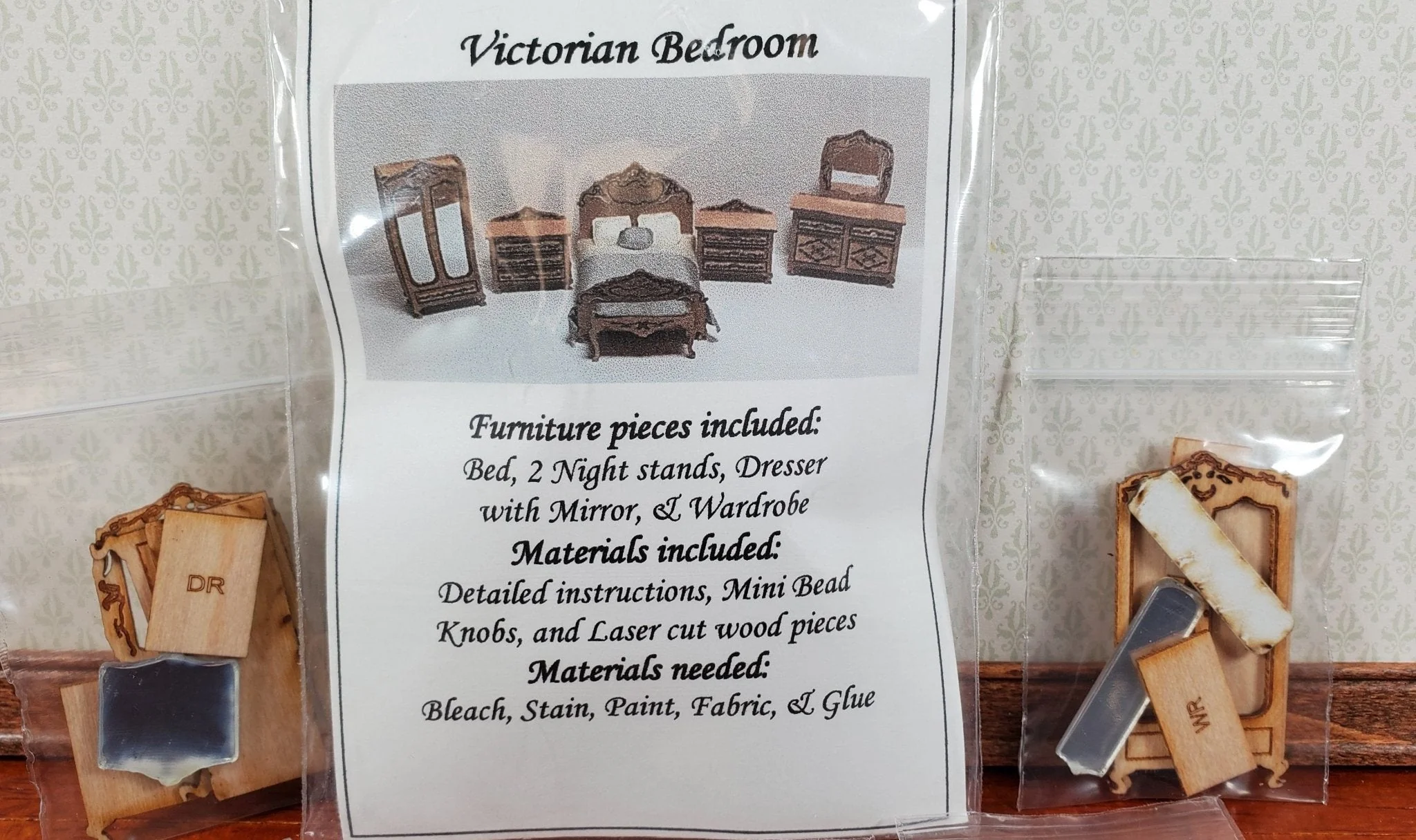 Dollhouse Quarter Scale Furniture KIT DIY Victorian Bedroom Set Bed Dresser 1:48 - Image 3