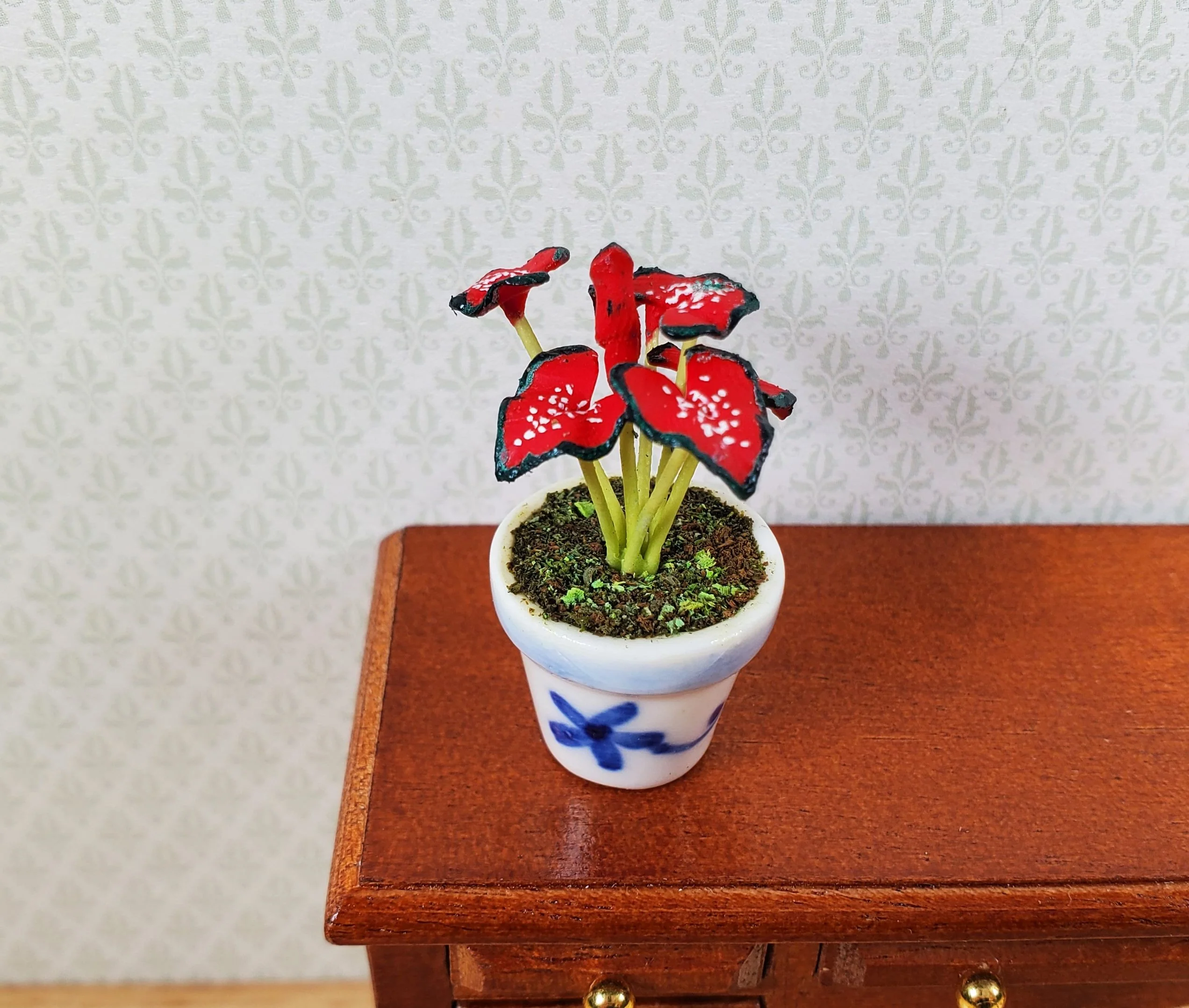 Dollhouse Red Caladium Plant in a Blue & White Ceramic 1:12 Scale Miniature
