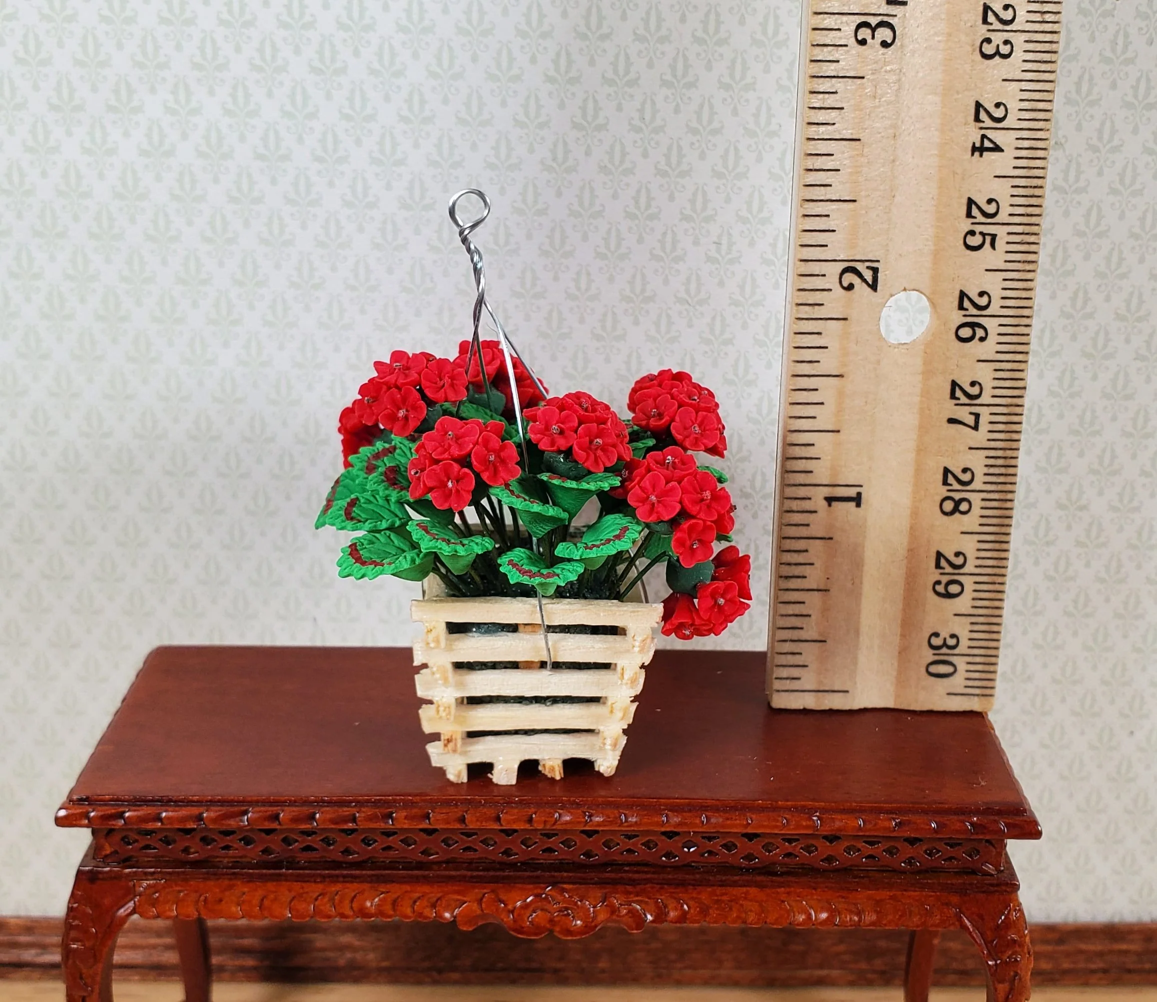 Dollhouse Red Geraniums in a Wood Hanging Basket 1:12 Scale Miniature - Image 3