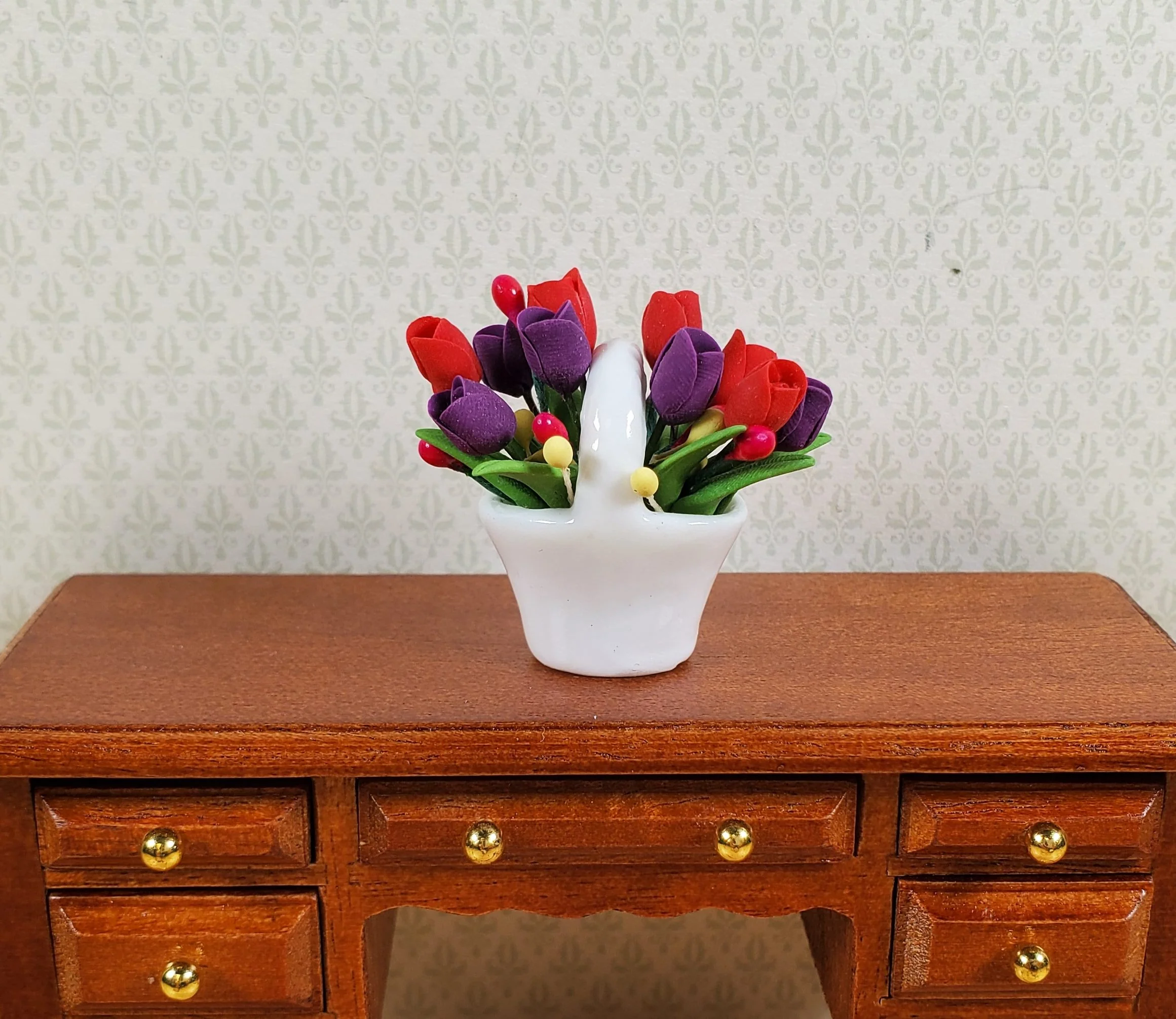 Dollhouse Red & Purple Tulips in a Ceramic Basket 1:12 Scale Miniature - Image 2