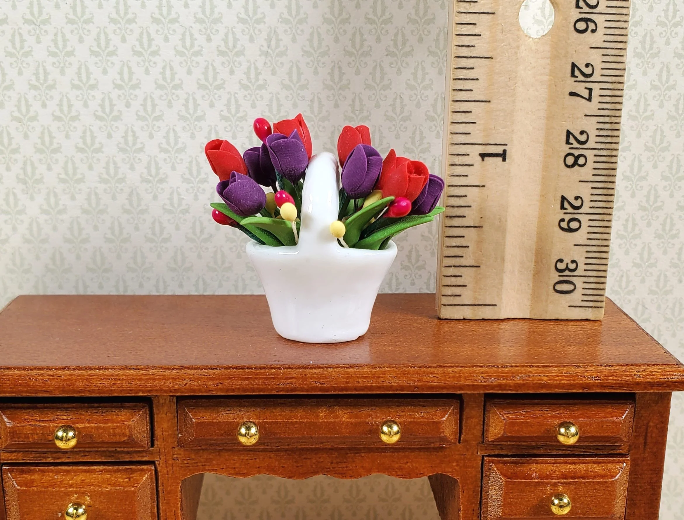 Dollhouse Red & Purple Tulips in a Ceramic Basket 1:12 Scale Miniature - Image 3