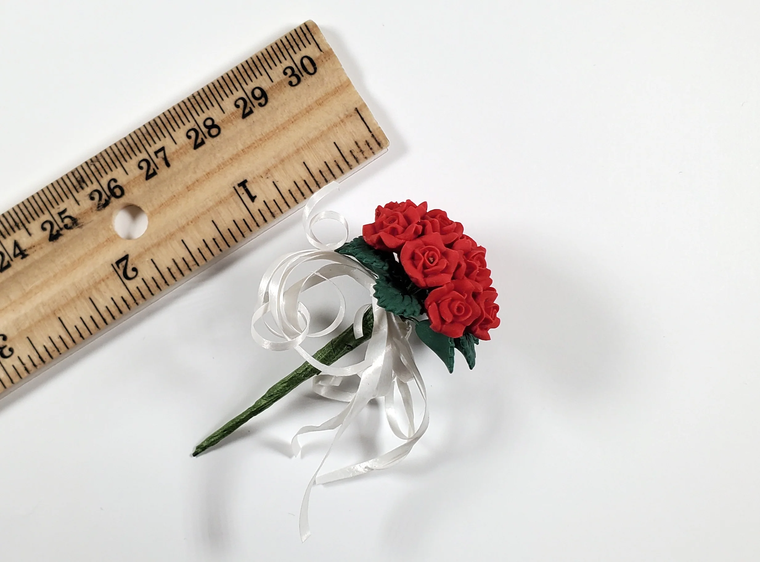 Dollhouse Red Roses Bridal Bouquet with White Ribbons 1:12 Scale Miniature - Image 3