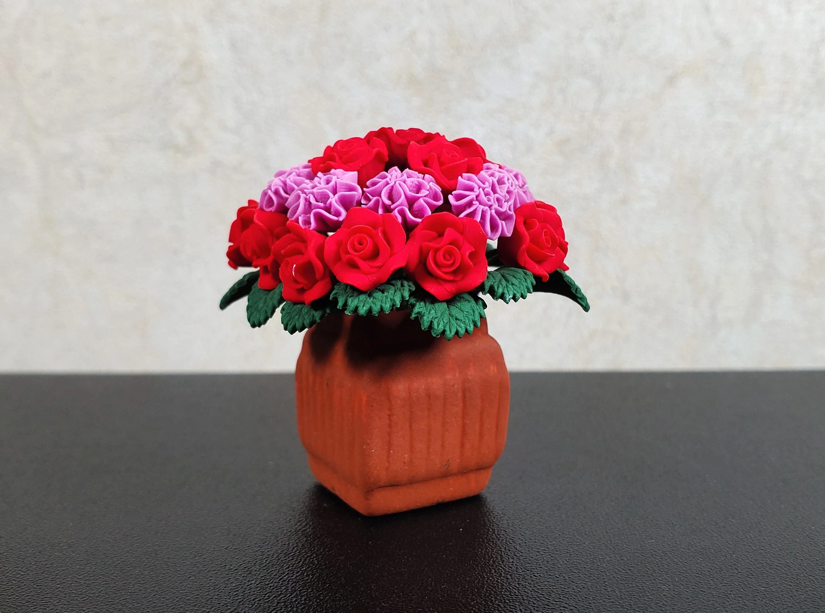 Dollhouse Red Roses Pink Carnations in Terra Cotta Planter 1:12 Scale Miniature - Image 2