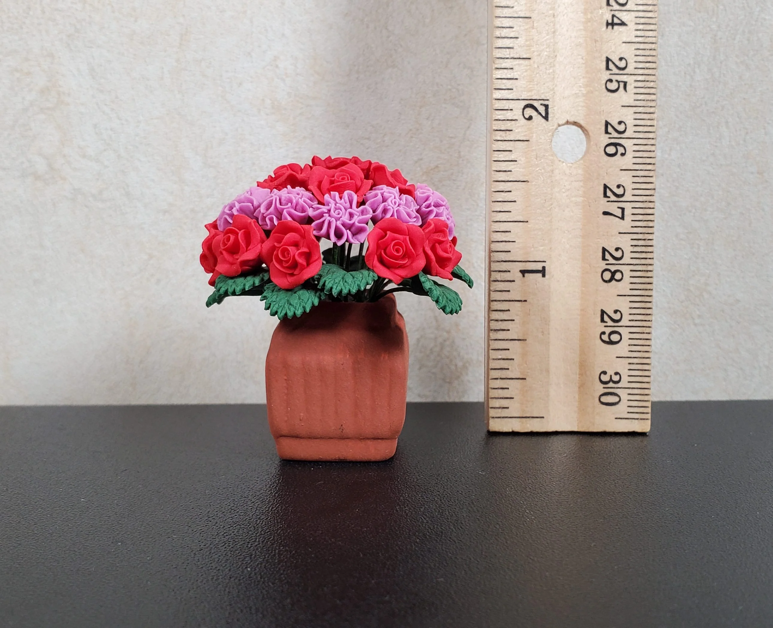 Dollhouse Red Roses Pink Carnations in Terra Cotta Planter 1:12 Scale Miniature - Image 3