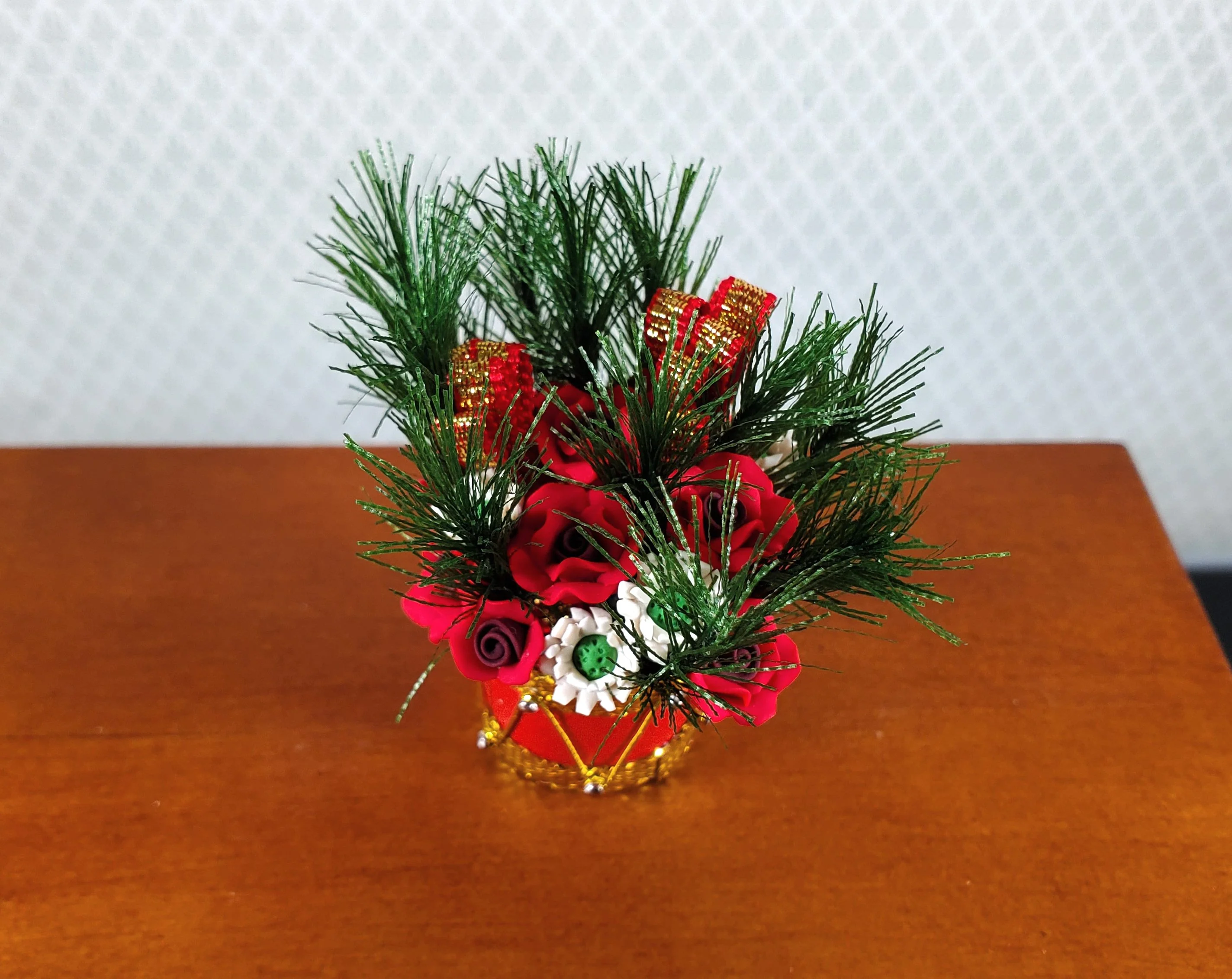 Dollhouse Red Roses & White Flowers in a Red Drum Vase 1:12 Scale Miniature - Image 2
