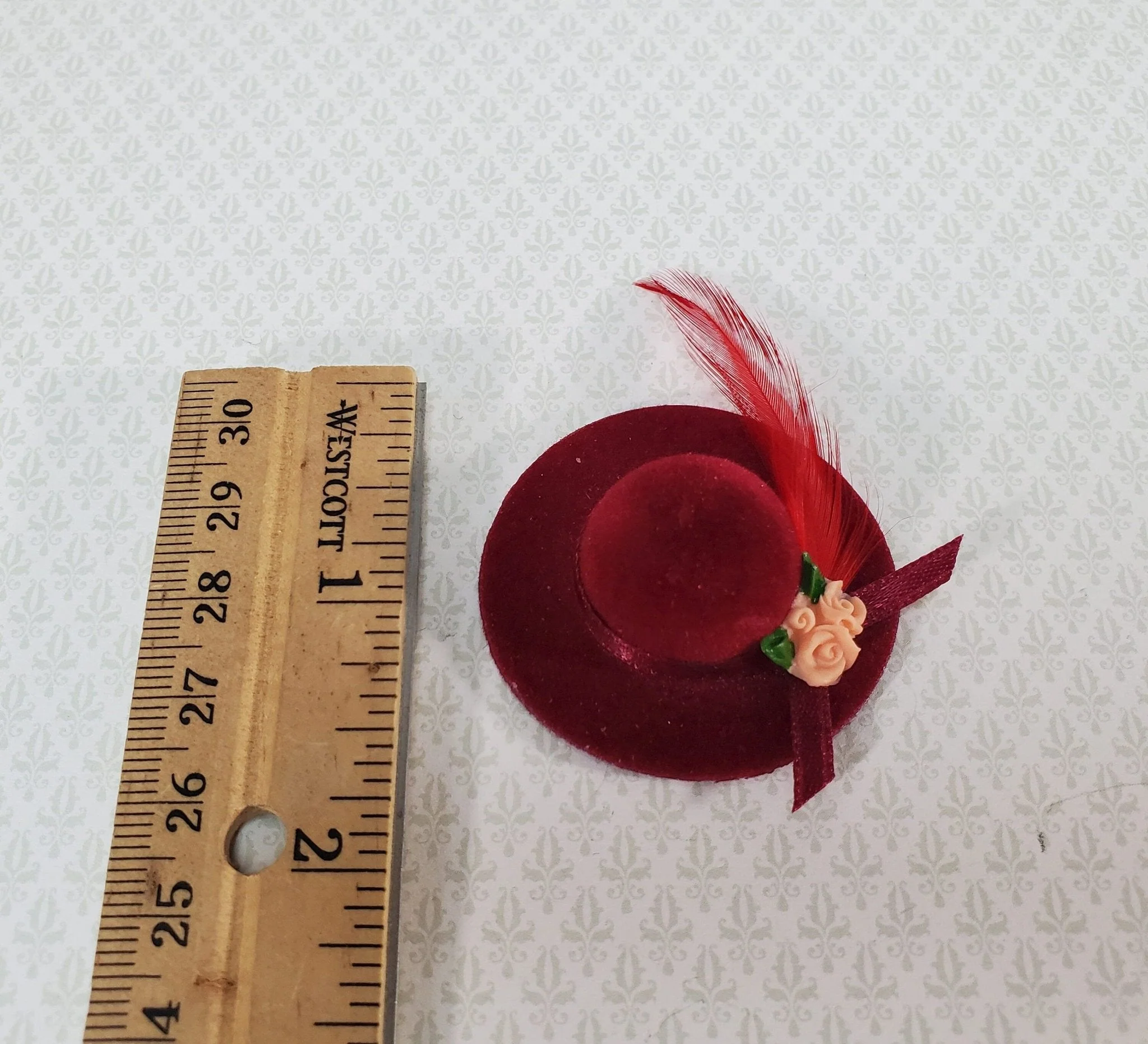 Dollhouse Red Velvet Hat with Feather & Flowers Wearable 1:12 Scale Miniature - Image 2