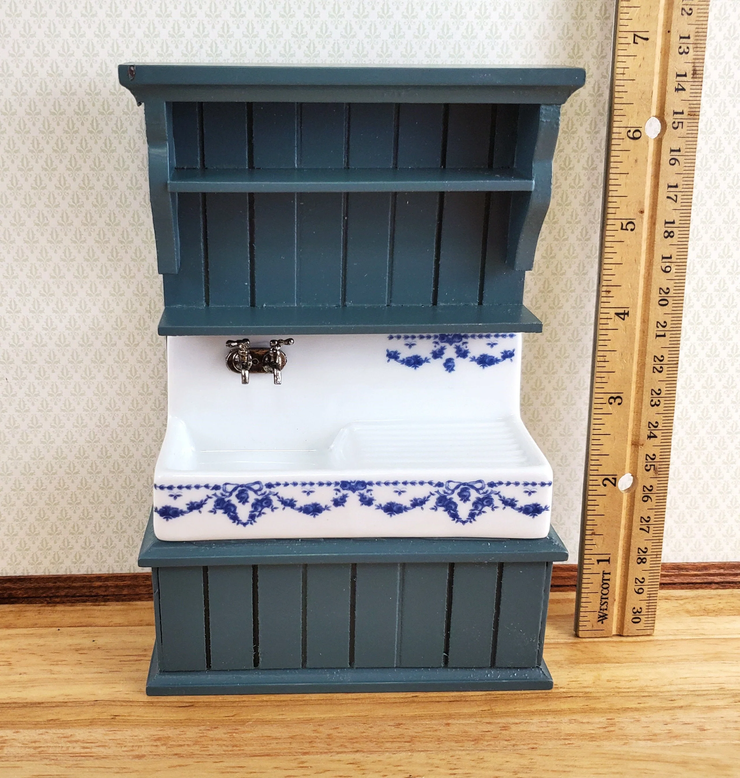 Dollhouse Reutter Sink Cabinet Blue & White 1:12 Scale Miniature Kitchen - Image 5
