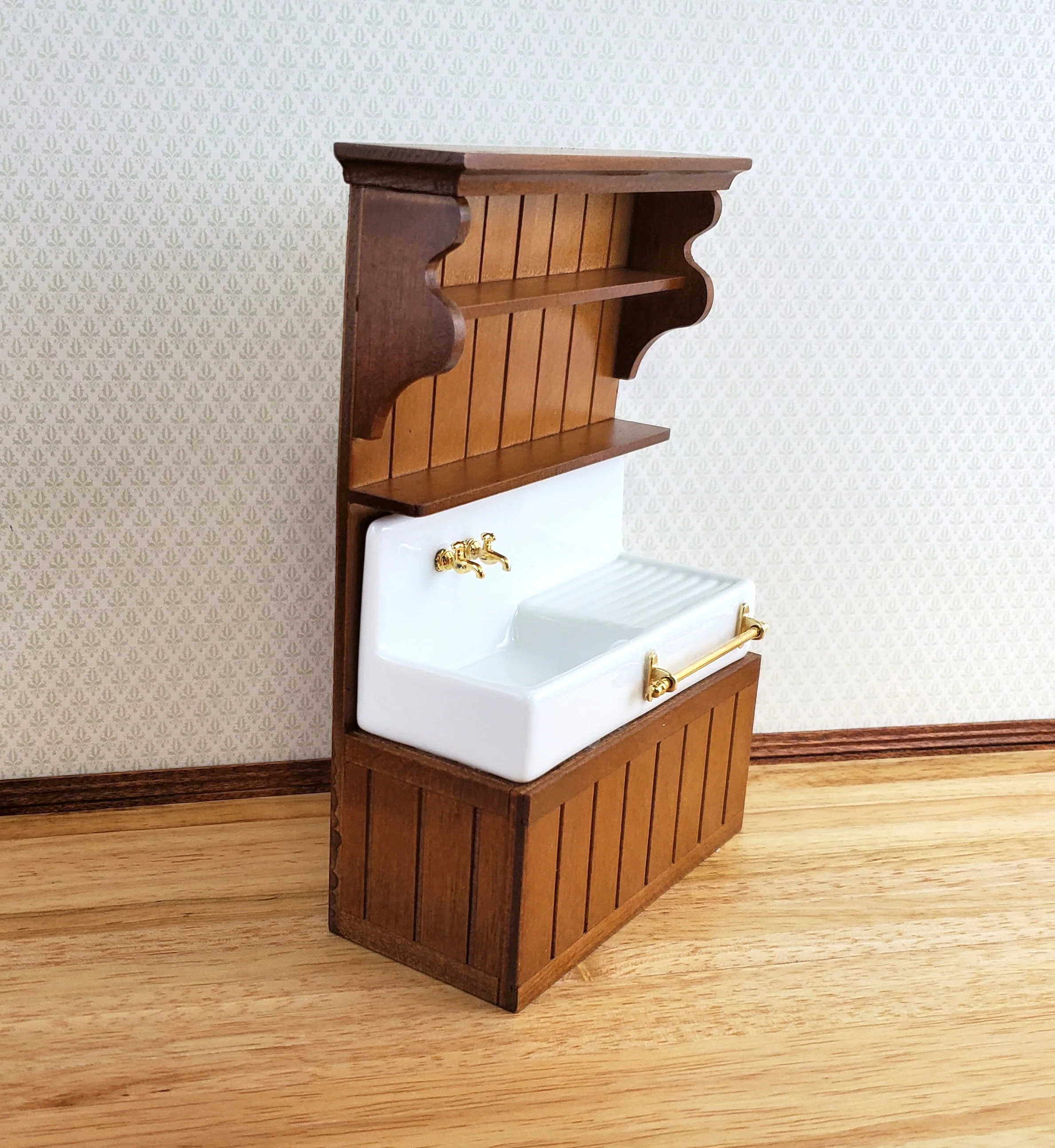 Dollhouse Reutter Sink Cabinet Walnut & White 1:12 Scale Miniature Kitchen - Image 3