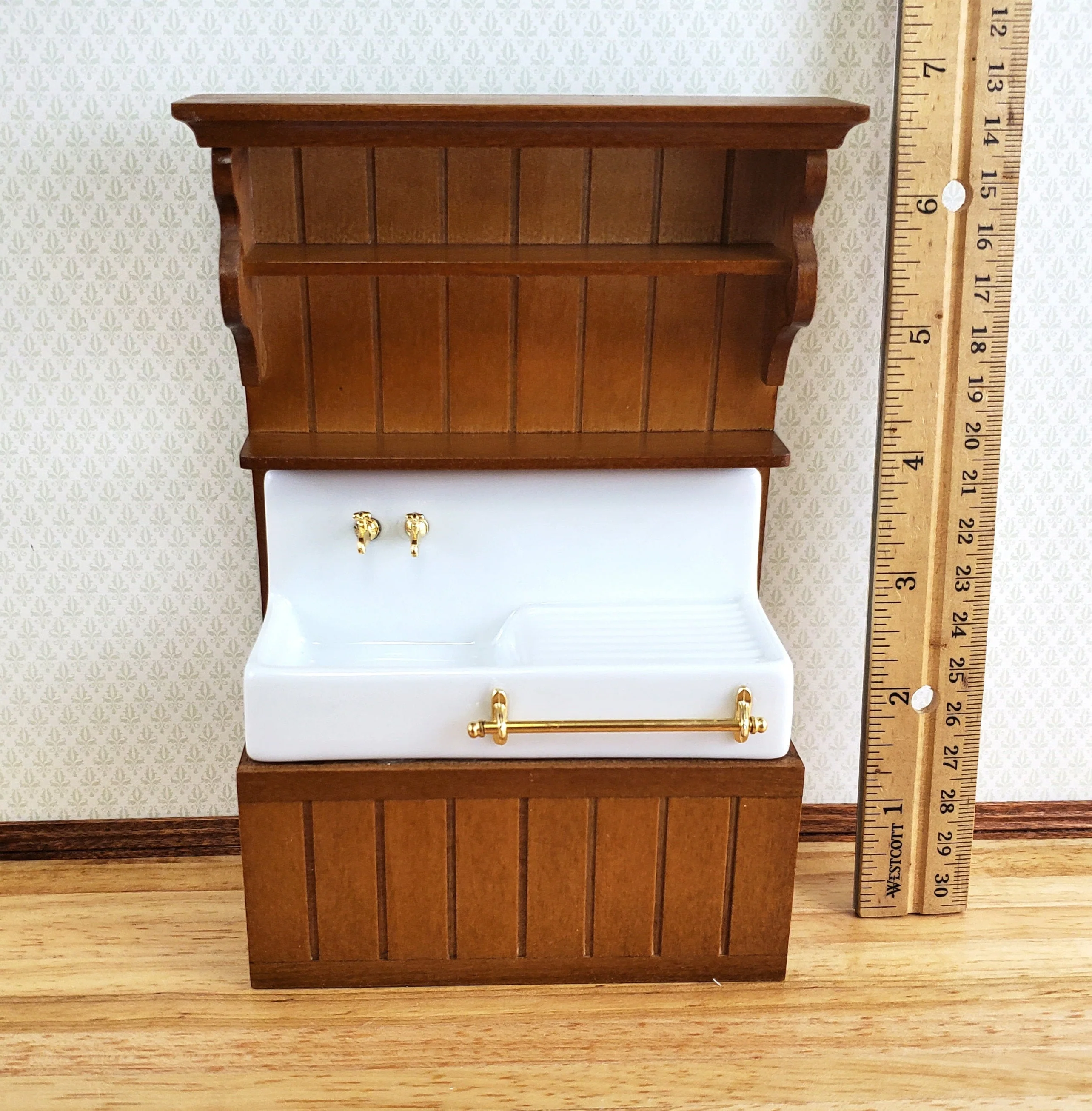Dollhouse Reutter Sink Cabinet Walnut & White 1:12 Scale Miniature Kitchen - Image 4