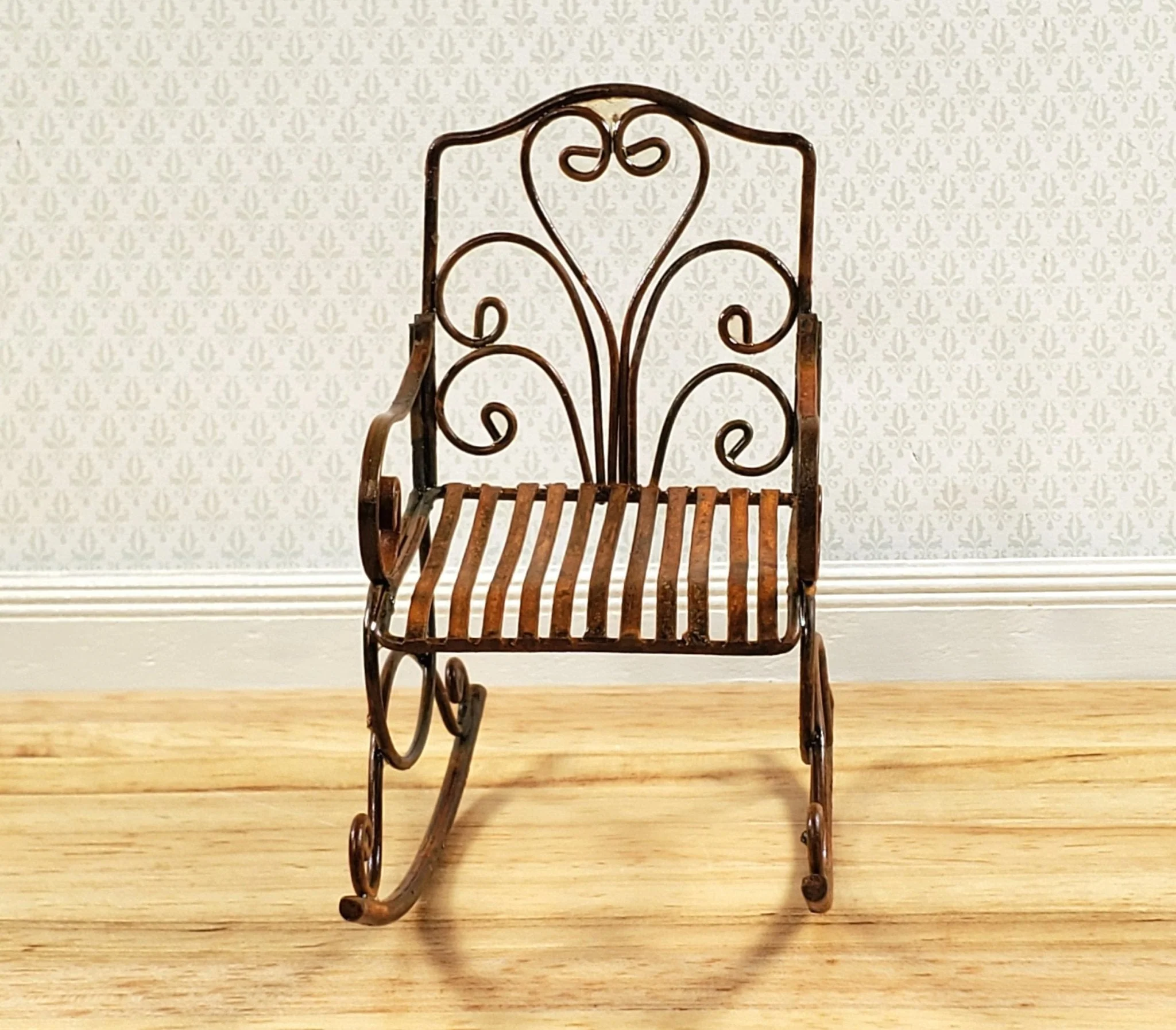 Dollhouse Rocking Chair for Patio Distressed Metal 1:12 Scale Fairy Garden - Image 2