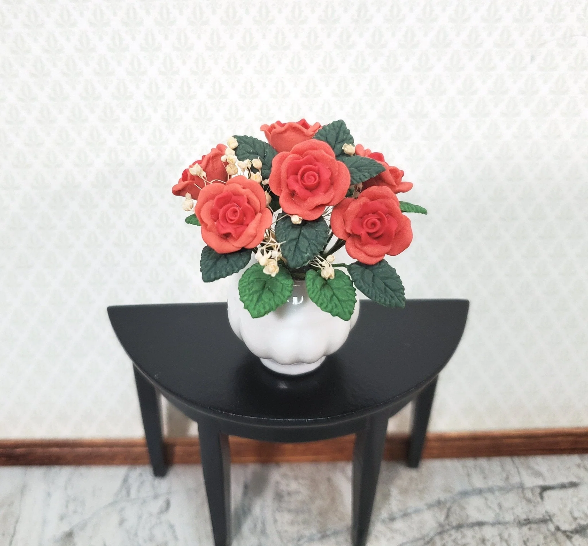 Dollhouse Roses Half Dozen in Ceramic White Vase 1:12 Scale Miniature Flowers - Image 2