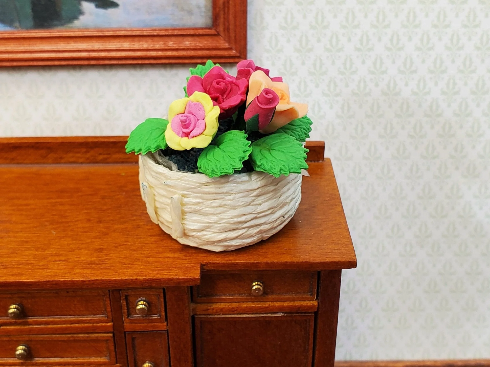 Dollhouse Roses in a Natural Fiber Basket Red Peach Yellow 1:12 Scale Miniature