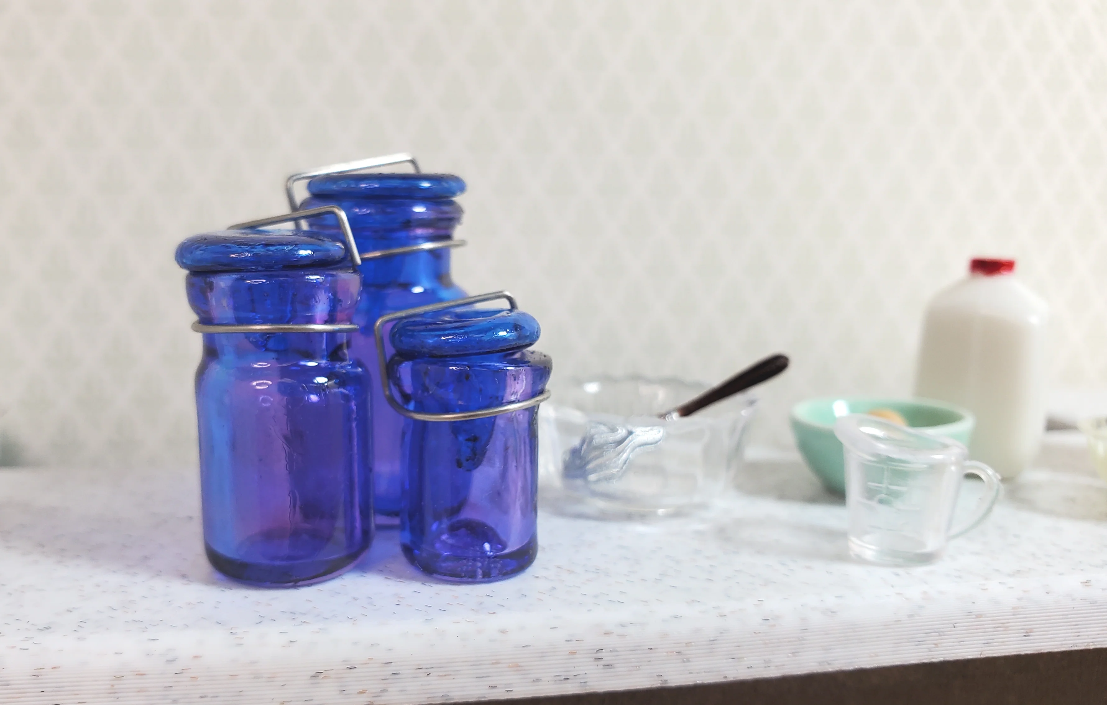Dollhouse Round Glass Canning Jars Blue/Purple Set of 3 1:12 Scale Miniature - Image 2