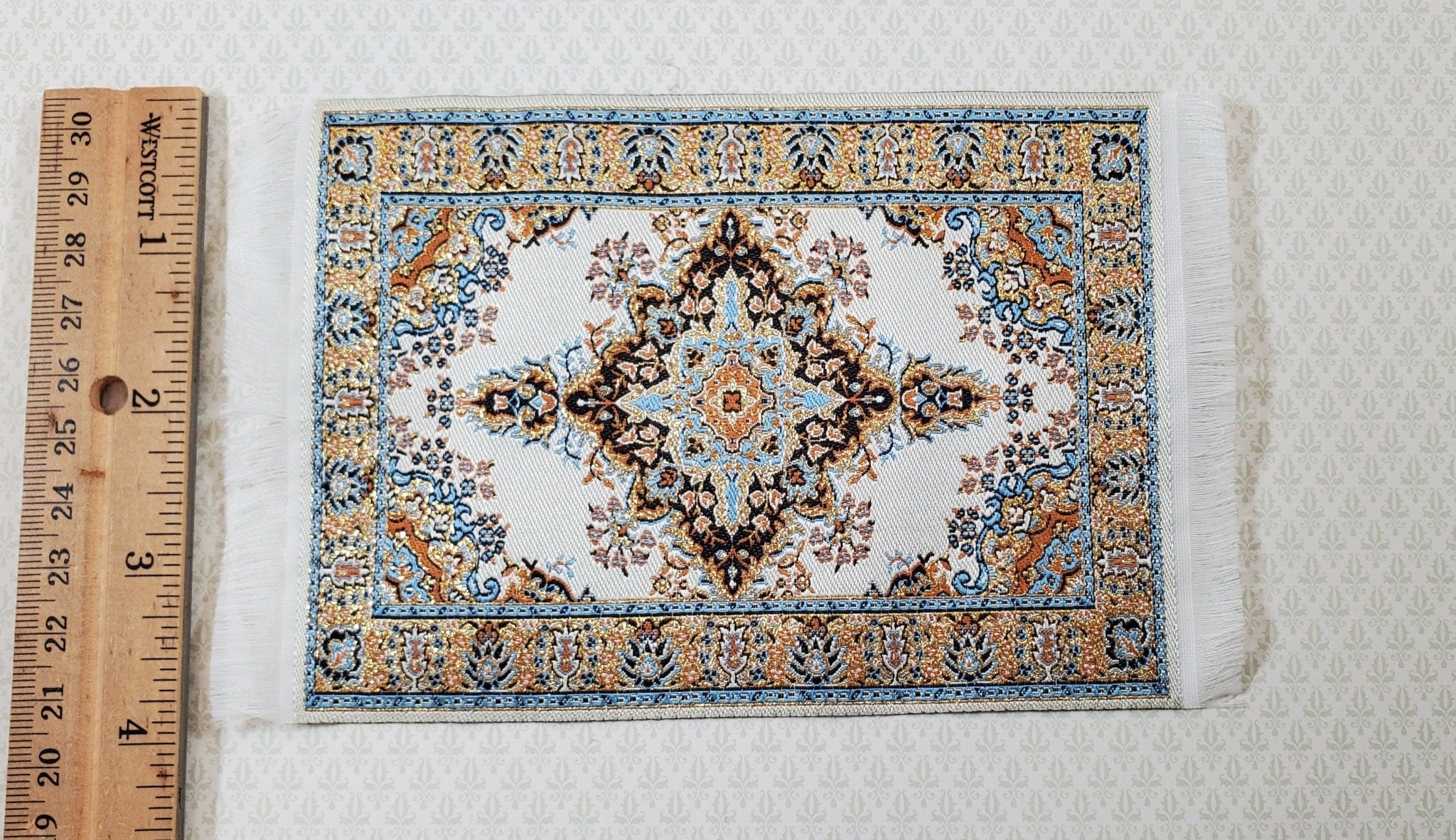 Dollhouse Rug Cream Gold Blue 6" x 4" Woven Fabric 1:12 Scale Miniature Carpet - Image 3