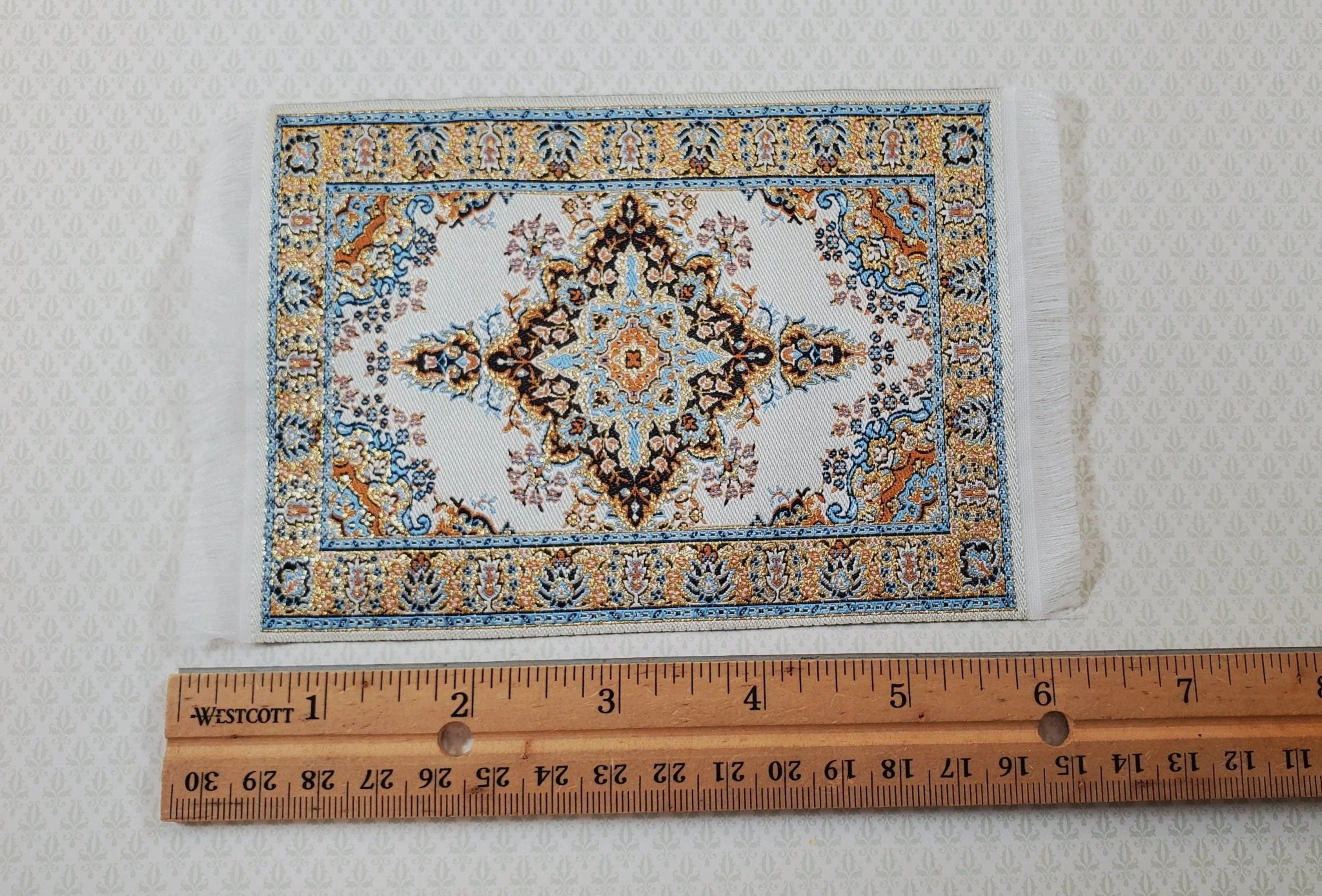 Dollhouse Rug Cream Gold Blue 6" x 4" Woven Fabric 1:12 Scale Miniature Carpet - Image 4