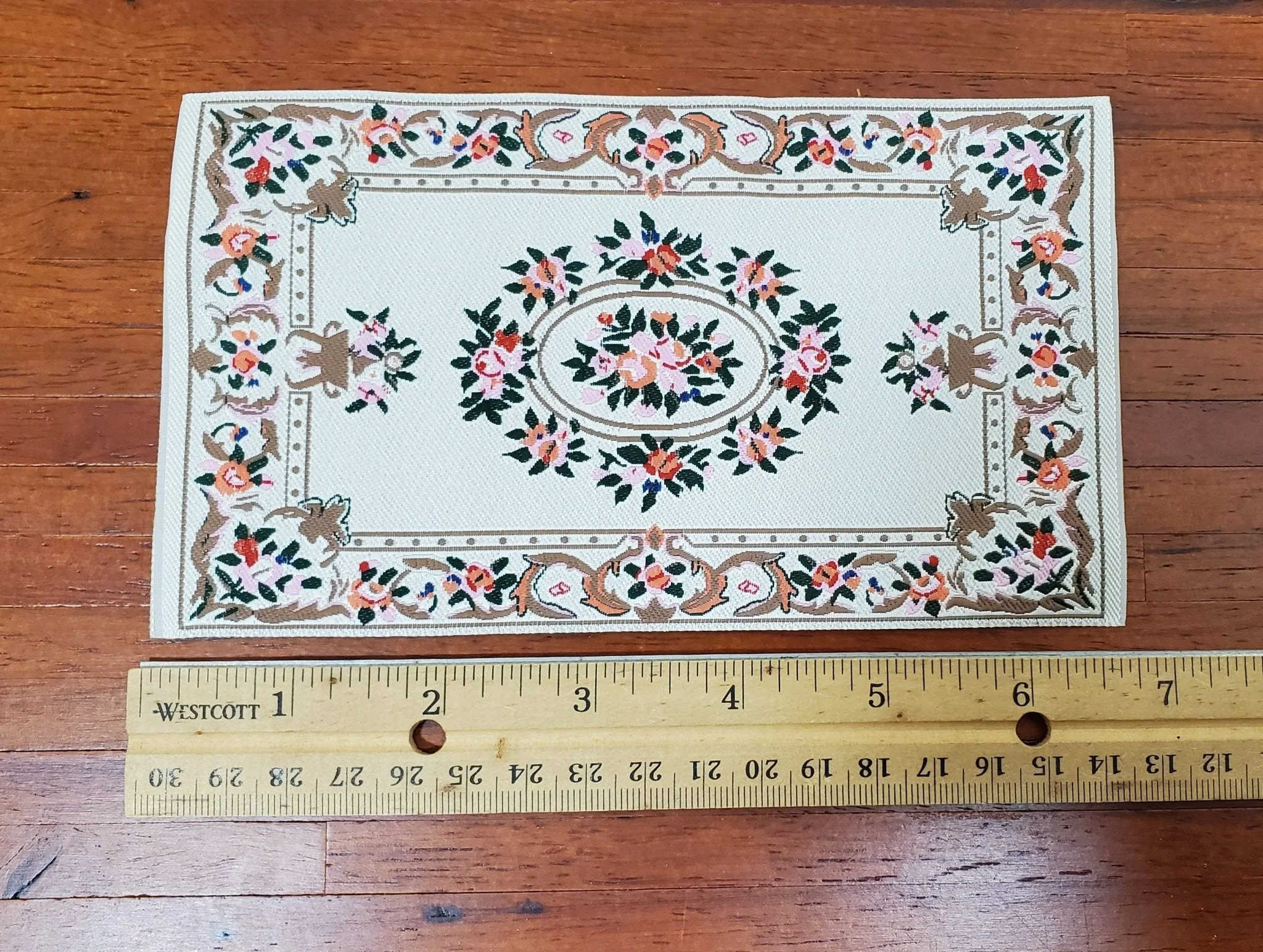 Dollhouse Rug Cream Pink Brown 7 3/4" x 3 7/8" Woven Fabric 1:12 Scale - Image 5