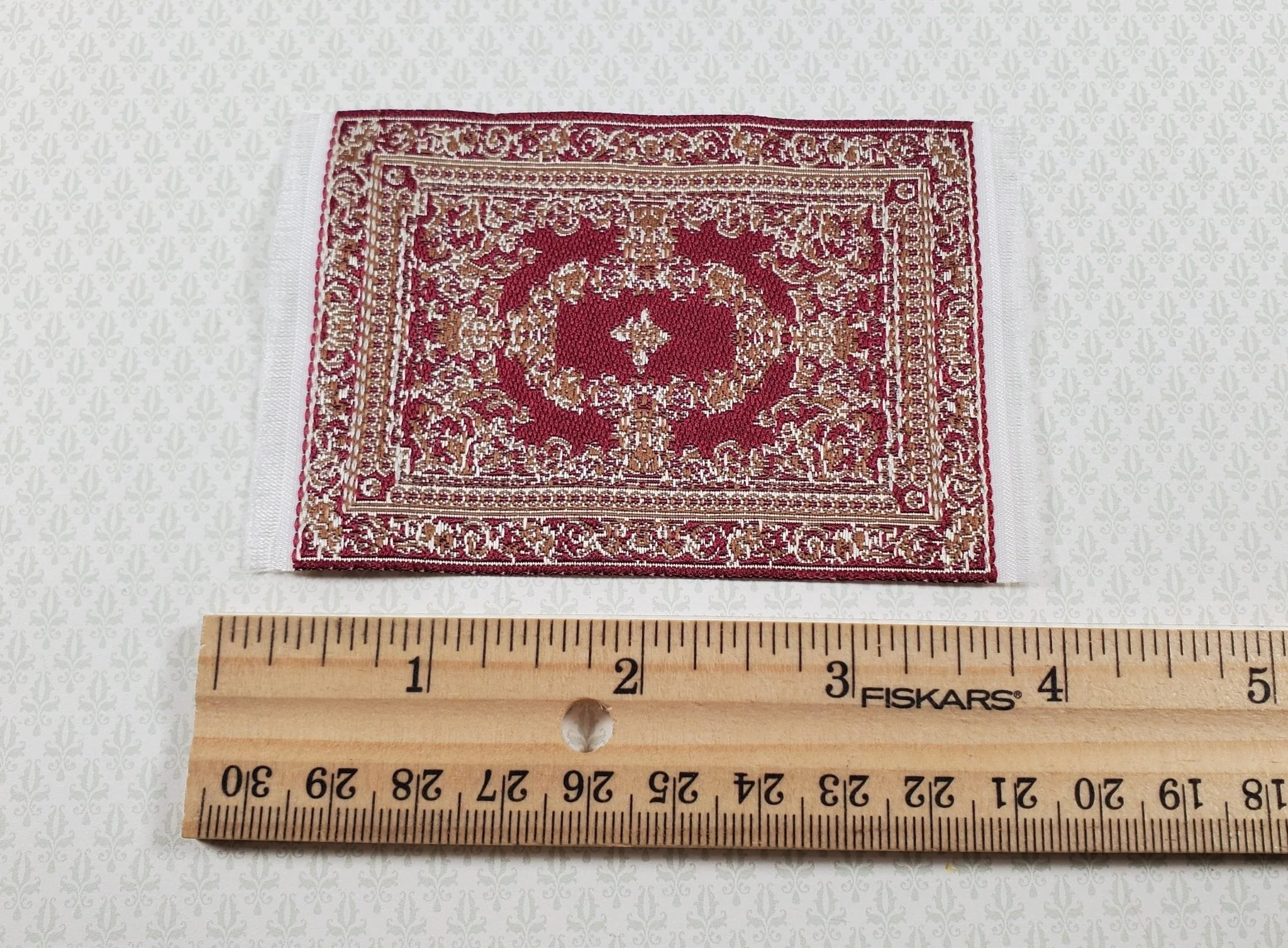 Dollhouse Rug Small HALF SCALE Fabric Dark Red Gold 4" x 2 1/2" 1:24 Miniature - Image 3