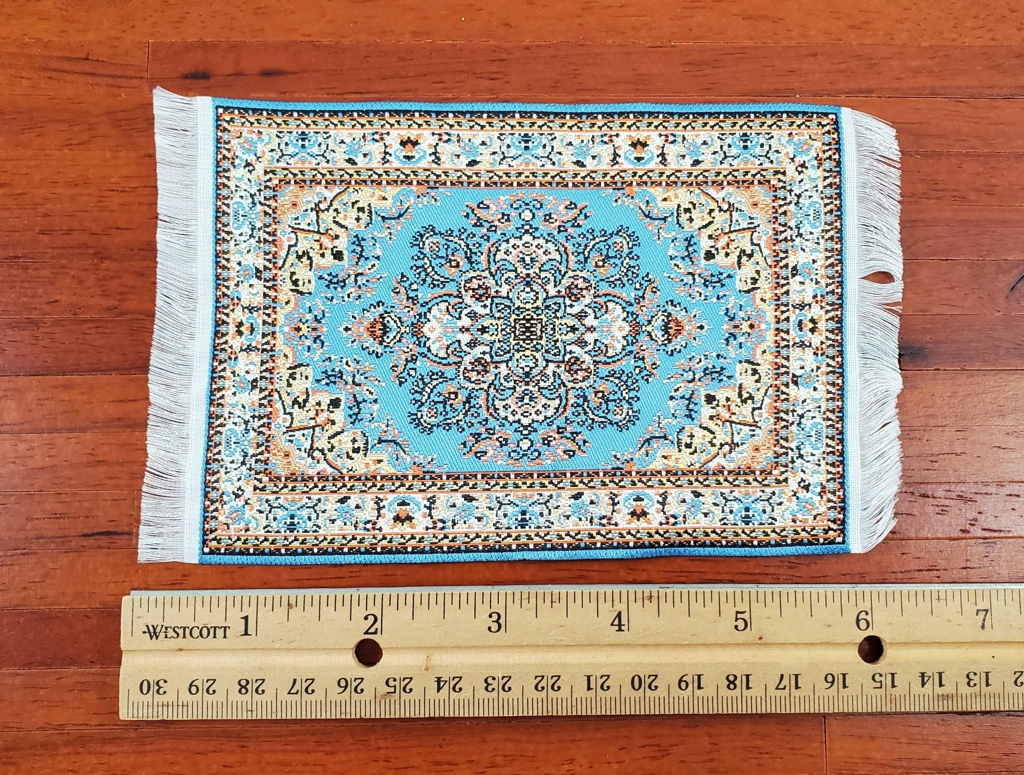 Dollhouse Rug with Fringe Blue and White Small Woven Fabric 1:12 Scale - Image 4