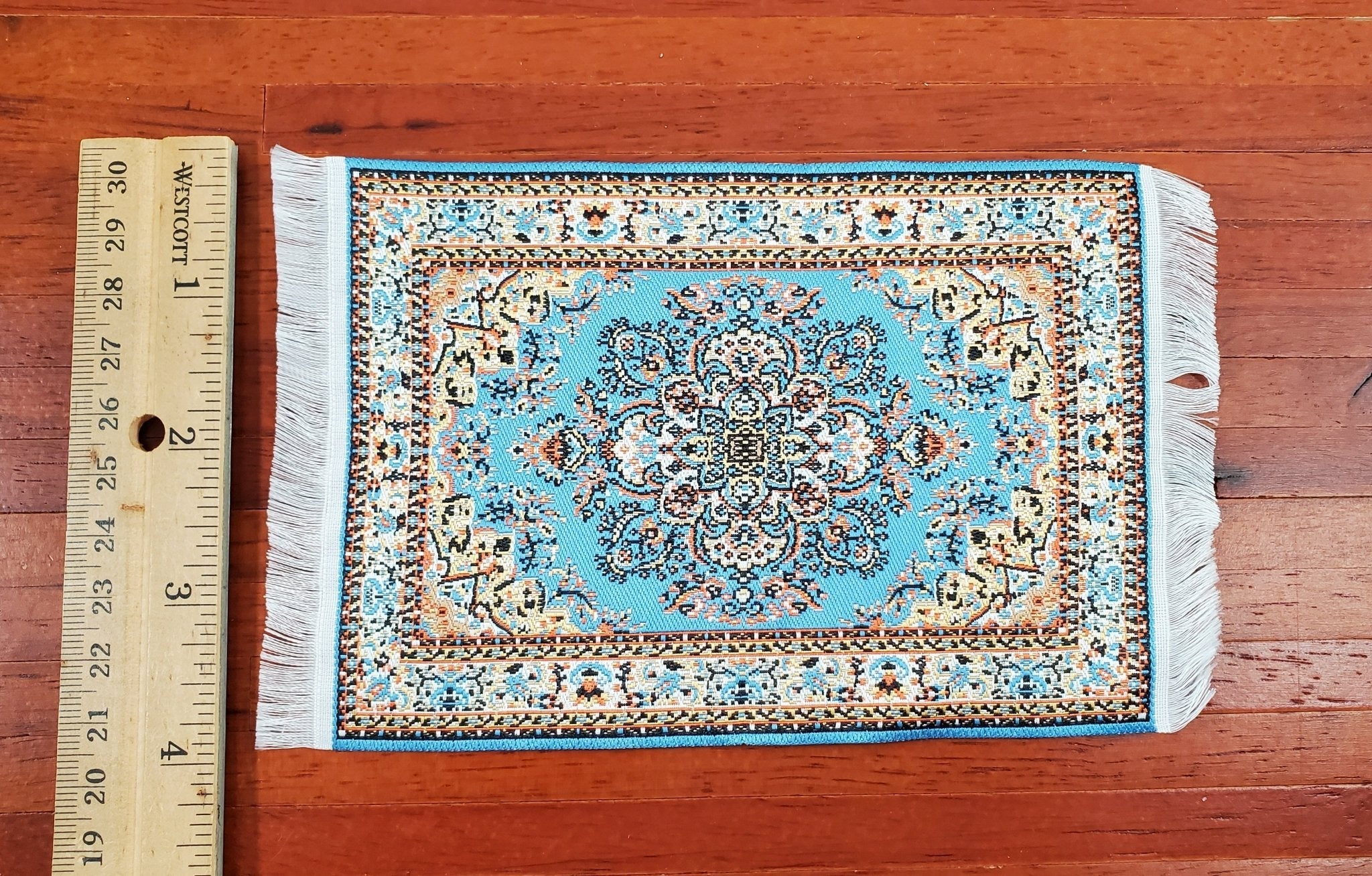 Dollhouse Rug with Fringe Blue and White Small Woven Fabric 1:12 Scale - Image 5