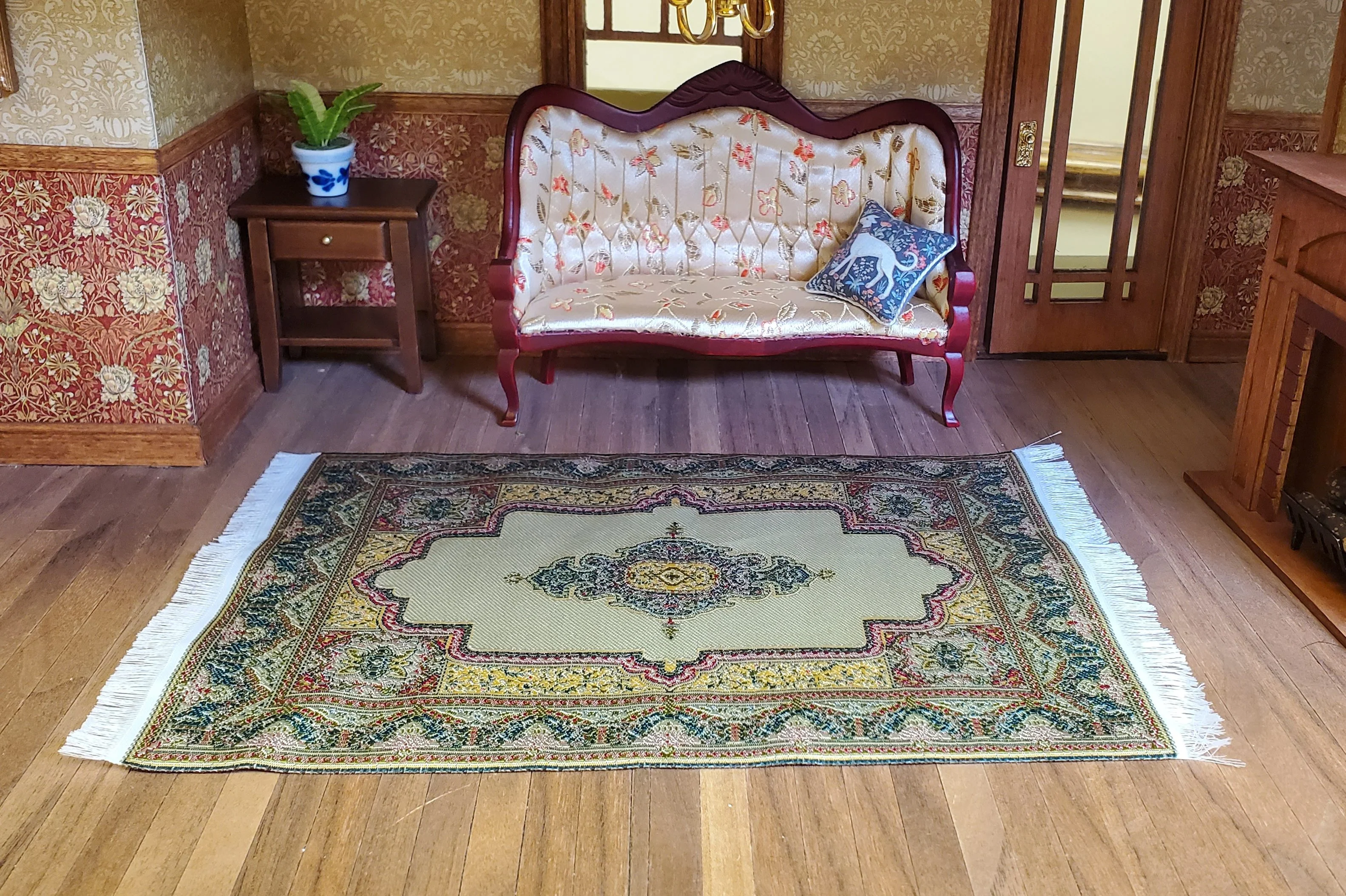 Dollhouse Rug Woven Fabric Gold and Green Victorian Style 1:12 Scale Miniature - Image 2