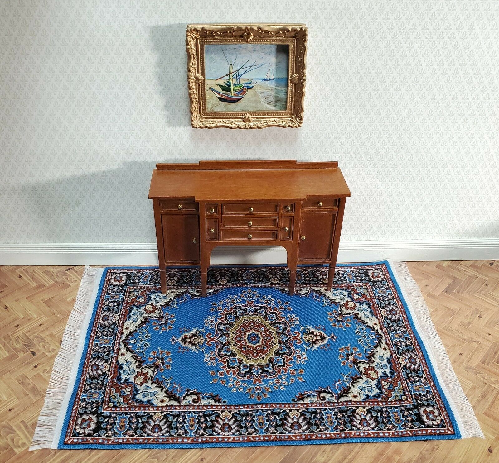 Dollhouse Rug Woven Fabric Large Bright Blue 9" x 6" 1:12 Scale Miniature - Image 6