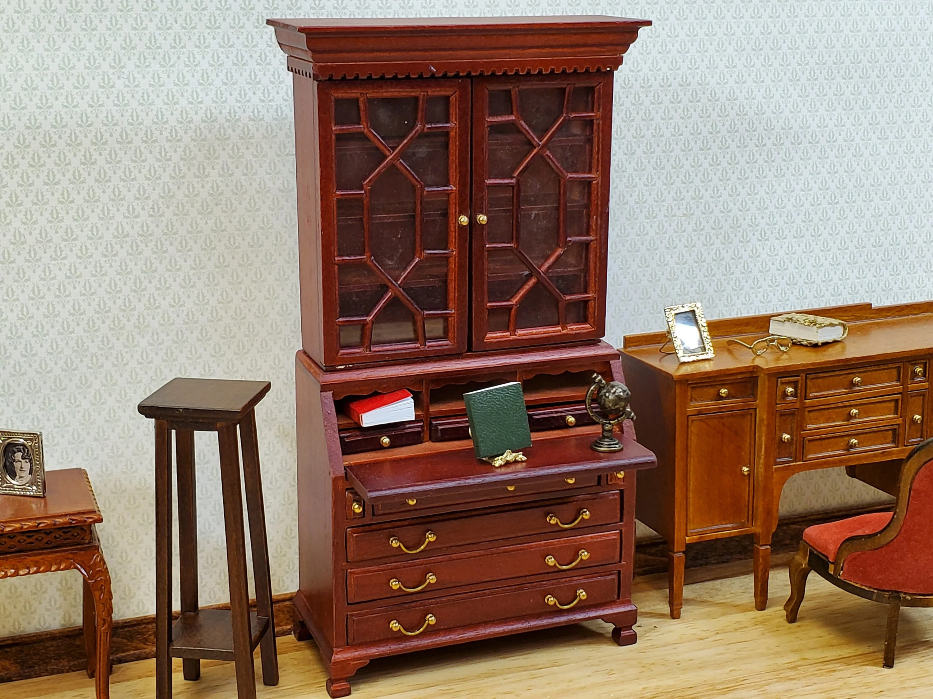 Dollhouse Secretary Writing Desk w/ Upper Cabinet 2 Pieces 1:12 Scale Furniture - Image 7