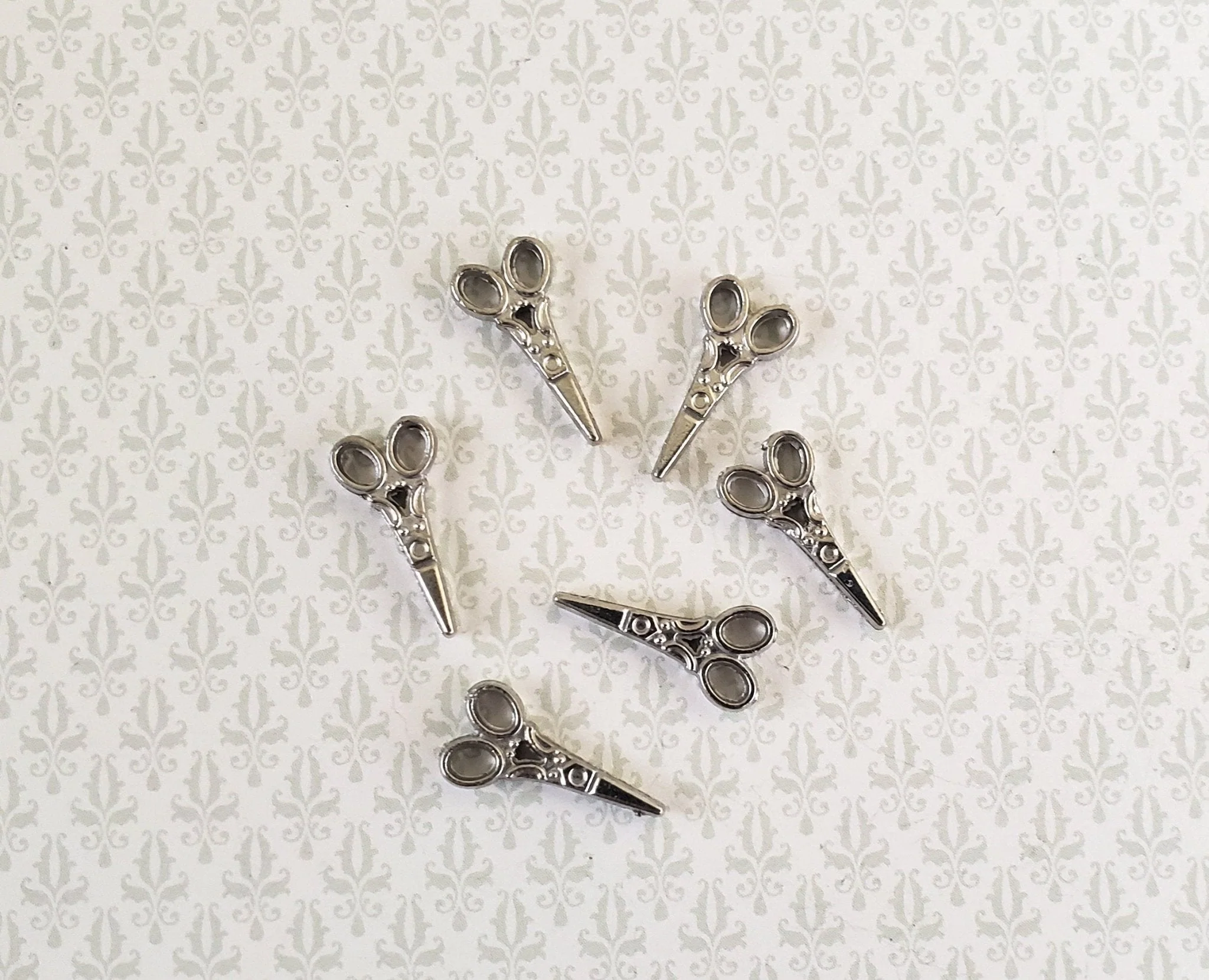 Dollhouse Sewing Scissors x6 Pair Fancy Silver Metal 1:12 Scale Accessories