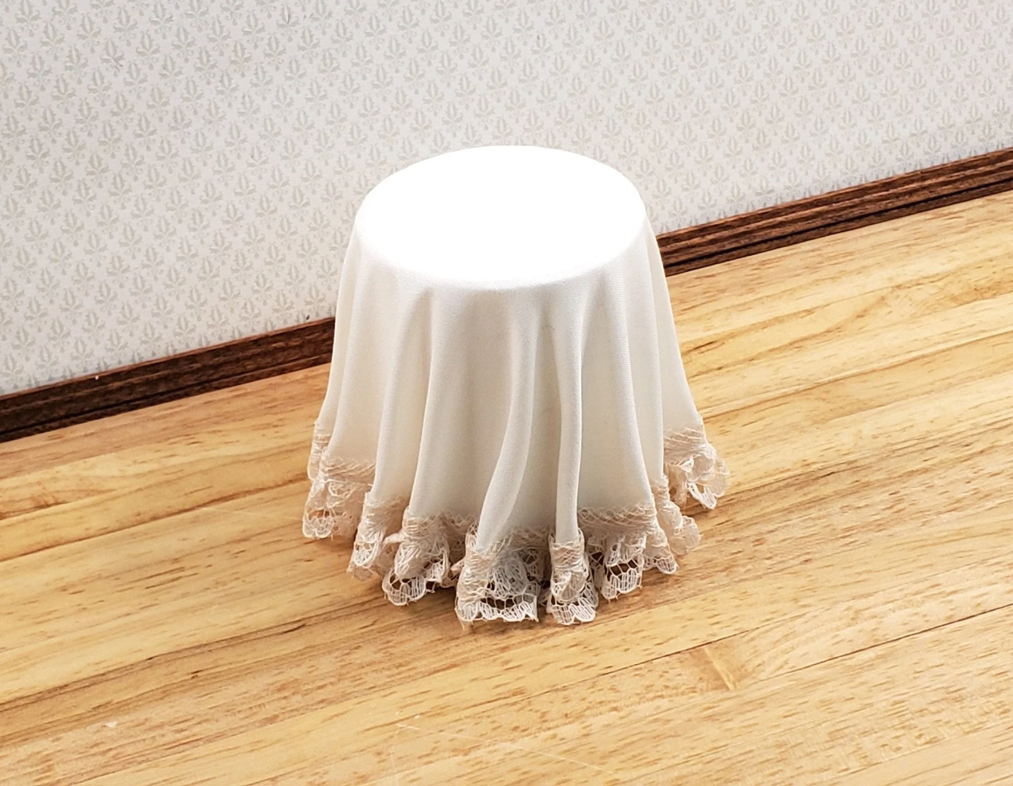 Dollhouse Side Table Round Ivory Skirted with Lace 1:12 Scale Miniature Furniture