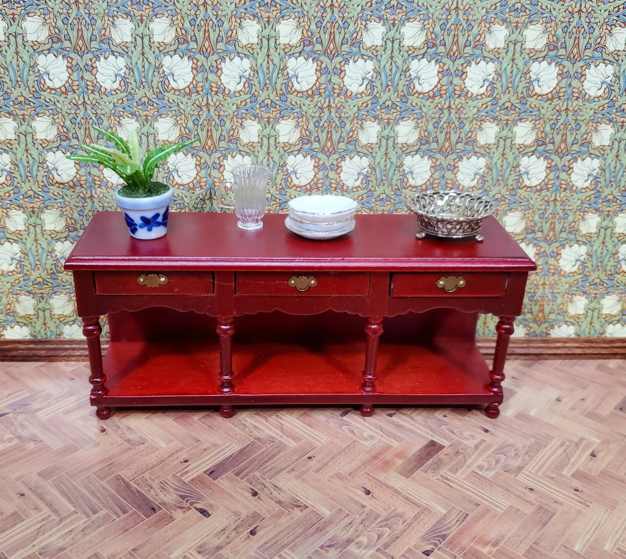 Dollhouse Sideboard Buffet with Pot Shelf Mahogany Finish 1:12 Scale Furniture - Image 3